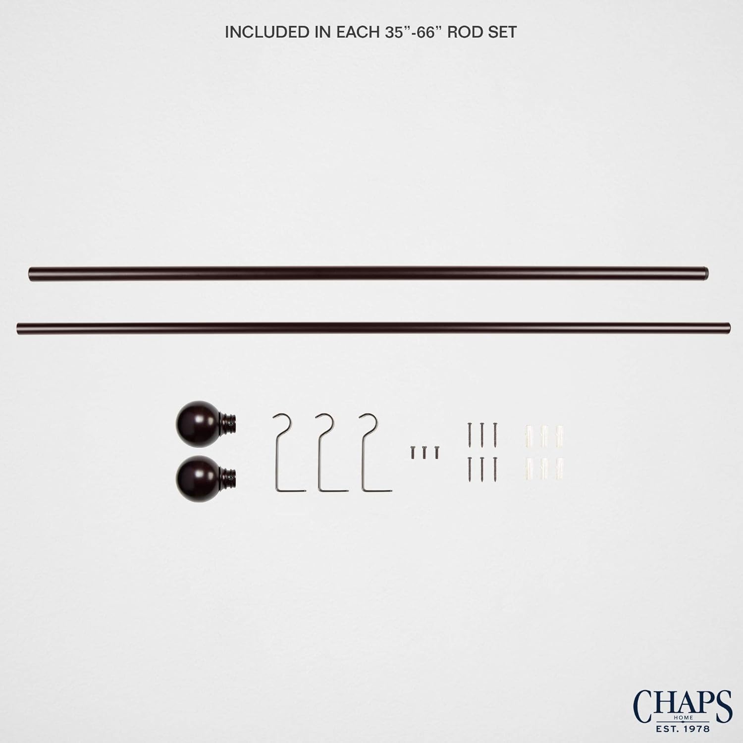 Chaps Home Ball, ¾” Diameter Window Curtain Rod and Finial Set, Oil Rubbed Bronze, Adjustable 35"-66"
