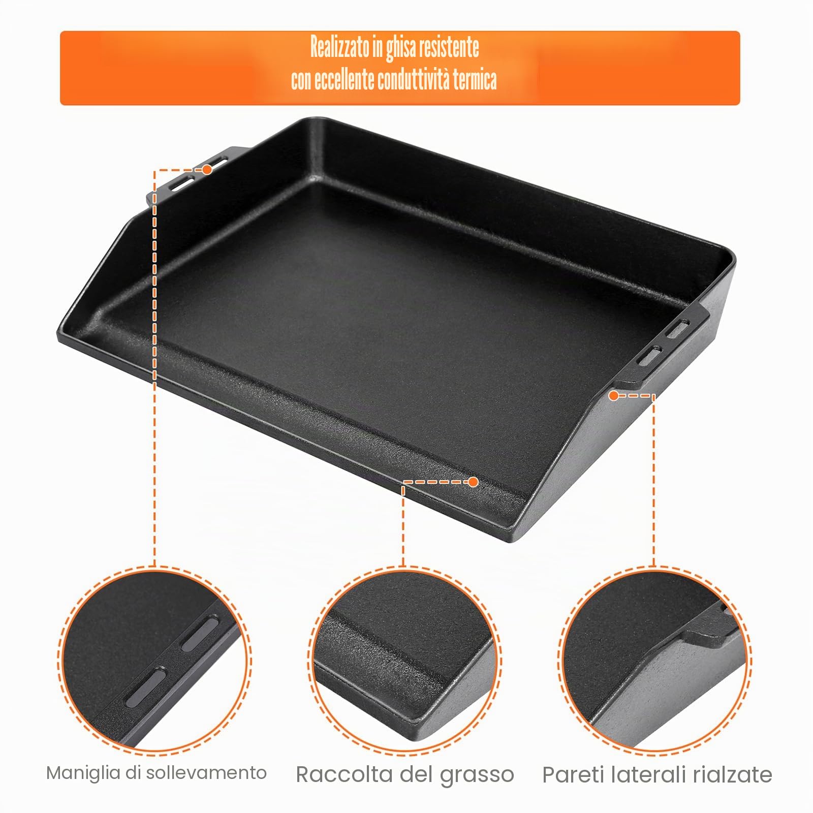 GFTIME Piastra grill in ghisa, 48 x 36 cm, universale, per barbecue a gas, forno e fornello, con vaschetta integrata per il grasso e pareti laterali extra alte