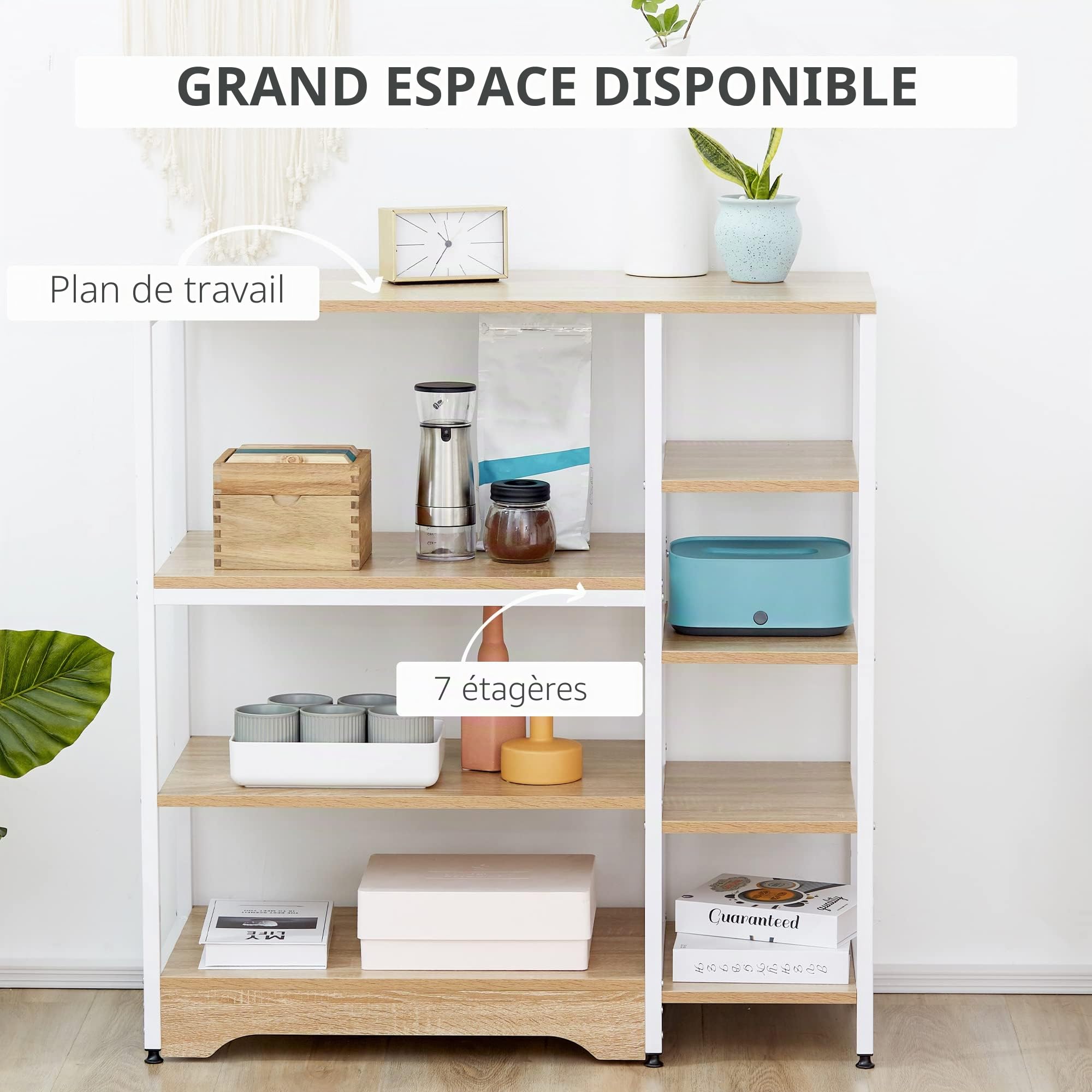 HOMCOM Etagère basse de cuisine, style industriel, avec 7 étagères en métal et bois, 90x40x95cm, blanc