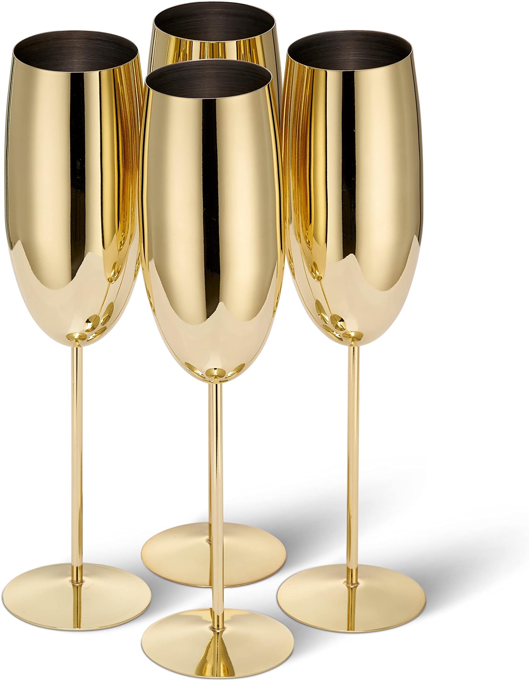 Oak & Steel - 4 Stainless Steel Gold Champagne Flutes, 285ml