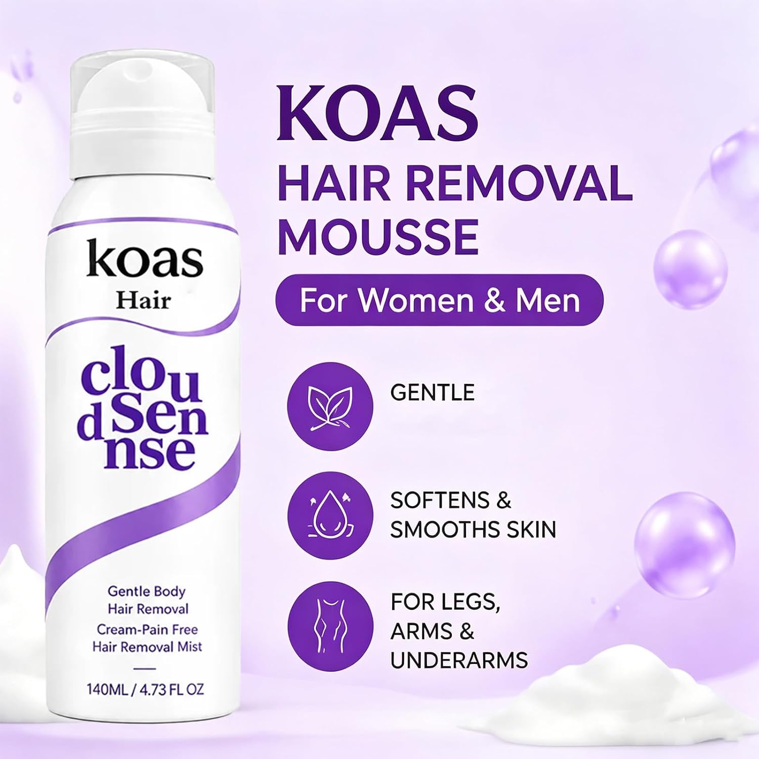 Koas Hair Removal Mousse For Women & Men, Cloud Sennse Smooth Hair Removal Spray, Gentle Body Skin-Softening Hair Remover Cream For Legs, Arms & Underarms, Silky Soft Skin Finish (1 Pc, Aloe Vera)