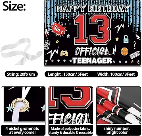 Miniatura 7 de Telón de fondo oficial de 13 cumpleaños para adolescentes, decoración de fiesta de cumpleaños 13 para niños, adolescentes, decoración de fiesta de