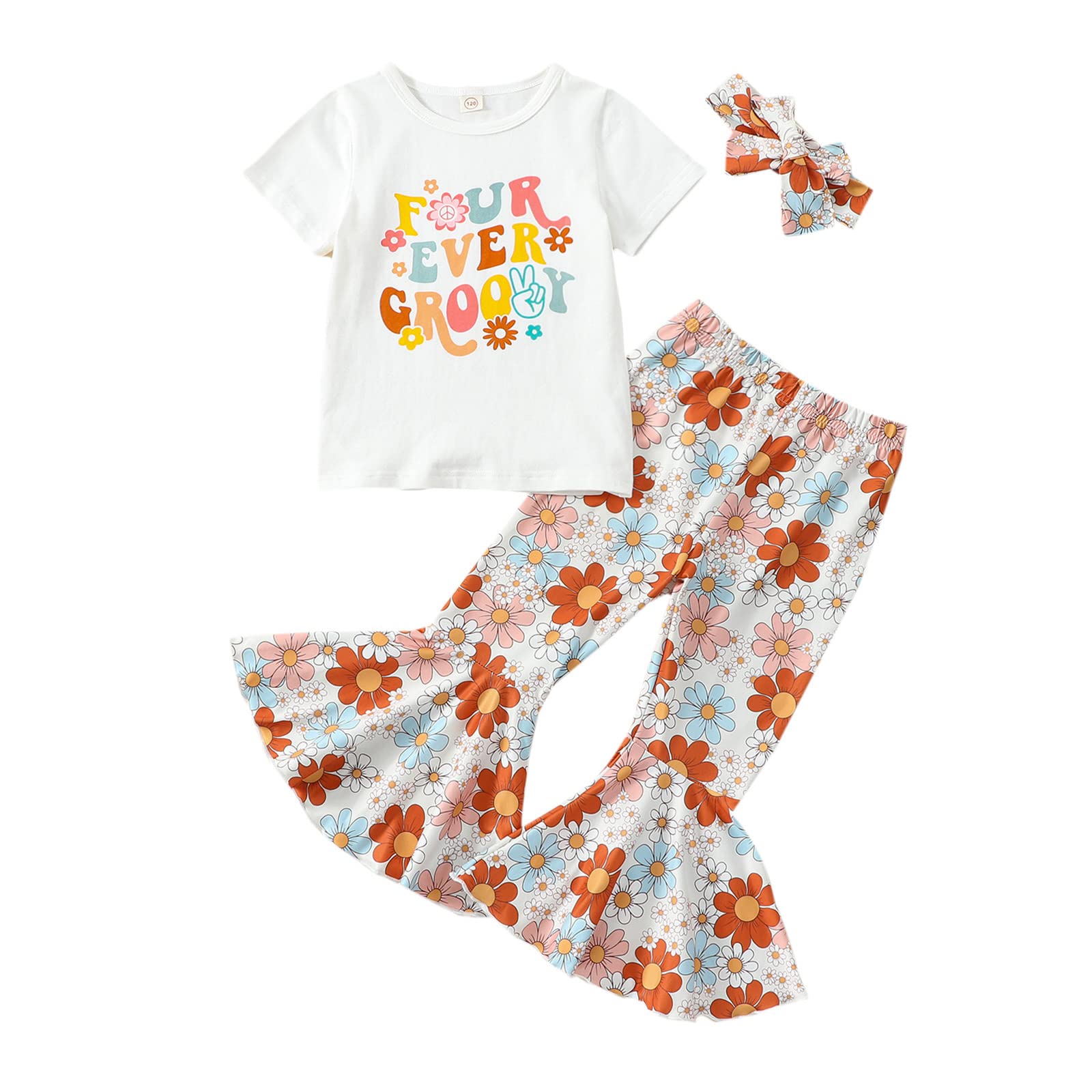 3Pcs Toddler Baby Girls Birthday Outfit 1-5T Sweet/Groovy Short Sleeve Shirts Bell Bottom Headband