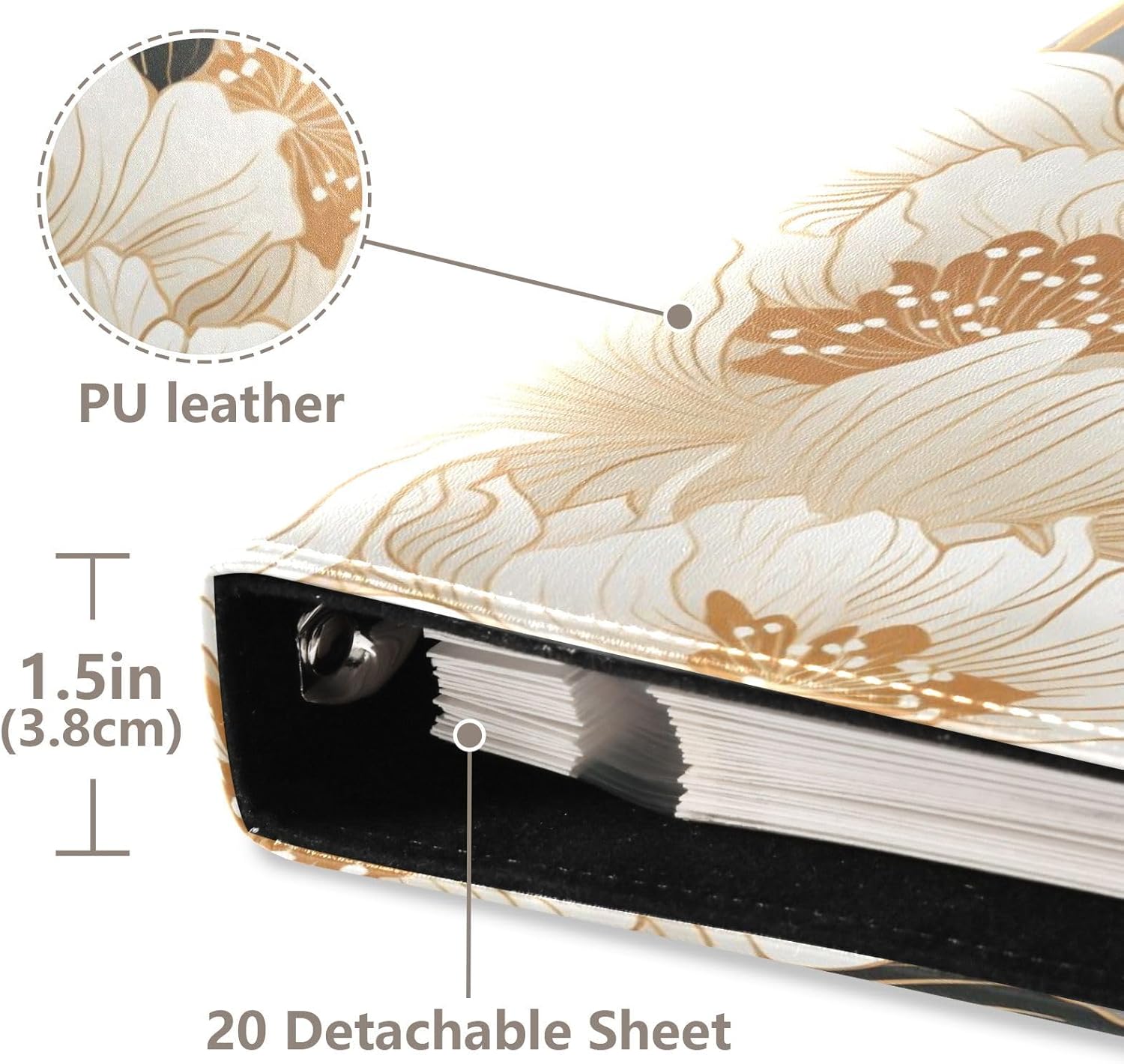 JIPONI Golden Peony Flower Large Photo Album, DIY Leather Cover Scrapbook Albums for 4x6 5x7 6x8 Pictures, Self Adhesive Memory Book for Wedding, Baby, Family