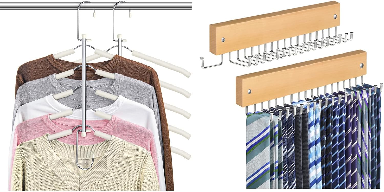 Tie Rack Belt Hanger Wall Mounted Non Slip 180 Degree Rotating Belt Organizer for Closet Natural 2 Pack, Clothes Hangers Space Saving Shirt Hangers Shirt Organizer for Closet Beige 2 Pack