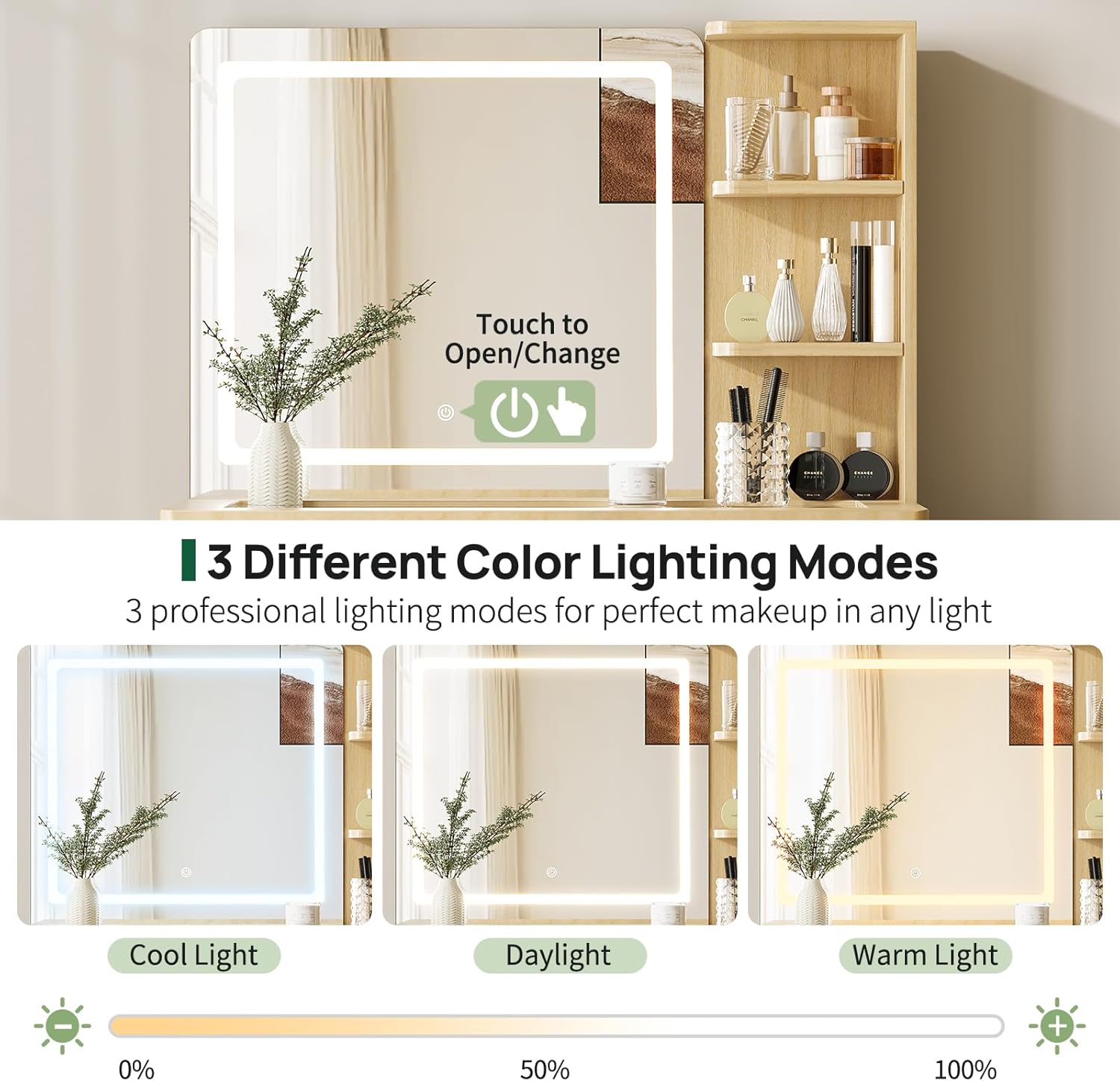 Vanity Desk with Mirror and Lights - 65' LED Lighted Makeup Vanities with Glass Top, Wood Make Up Dressing Table with 5 Drawers, Shelf, Modern Storage Cabinet for Bedroom, Adjustable Placement