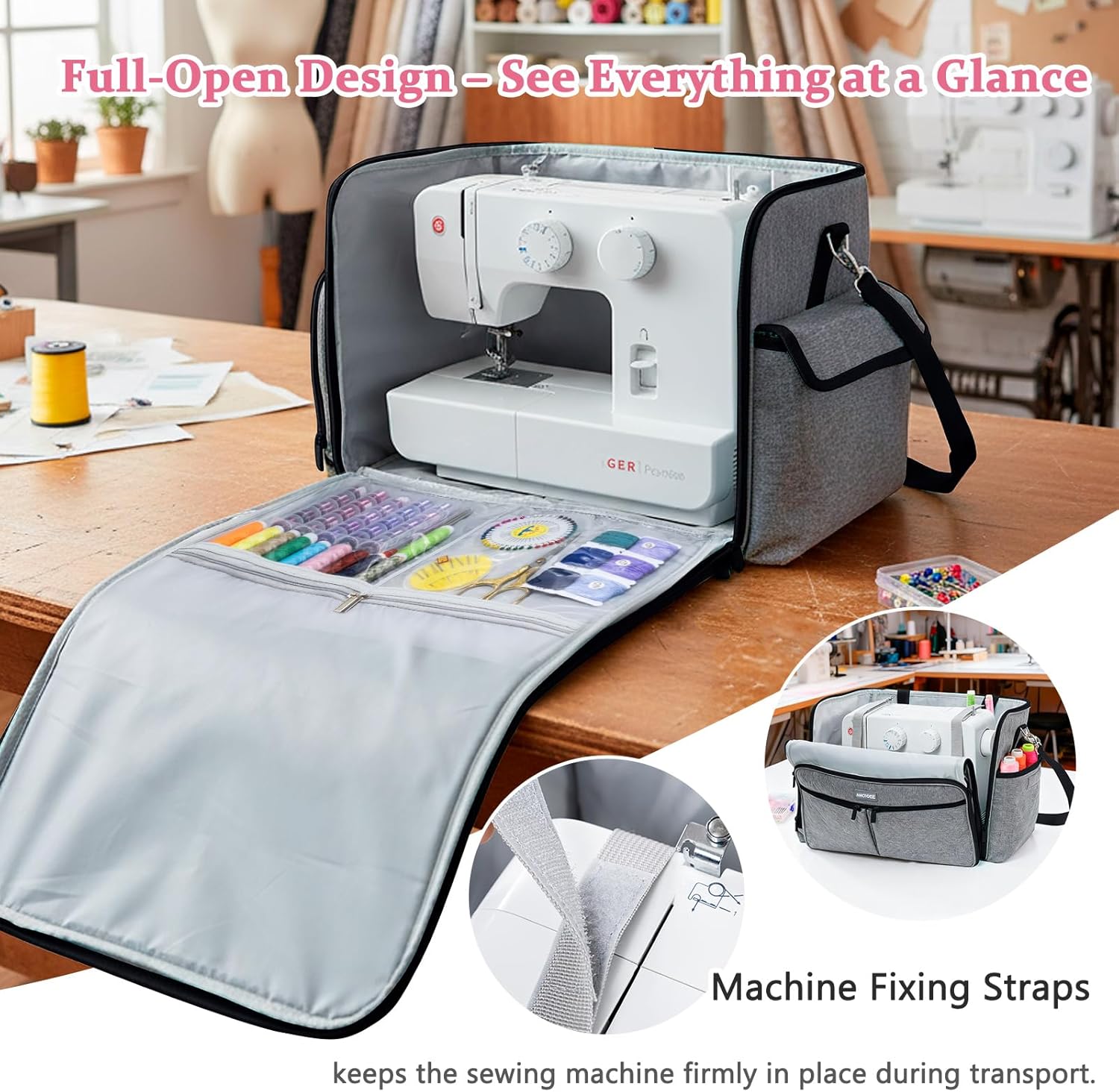 AMOIGEE Full-Open Sewing Machine Case with Wheels, Large Rolling Sewing Machine Bag with Detachable Foldable Dolly, Heavy-Duty Embroidery Tote for Brother Singer Janome Standard Machines Storage