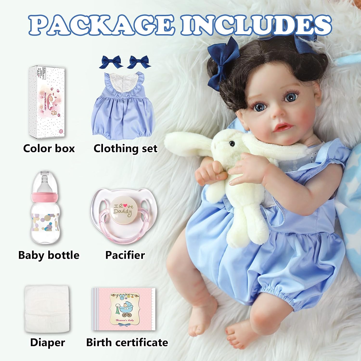SCOM Reborn Baby Doll Girl, 18'' Soft Weighted Cloth Body, Hand-Rooted Hair, Vinyl Limbs, Fits 0-3Yrs Clothes, ASTM F963 & EN71, Bottle & Pacifier Gift Set