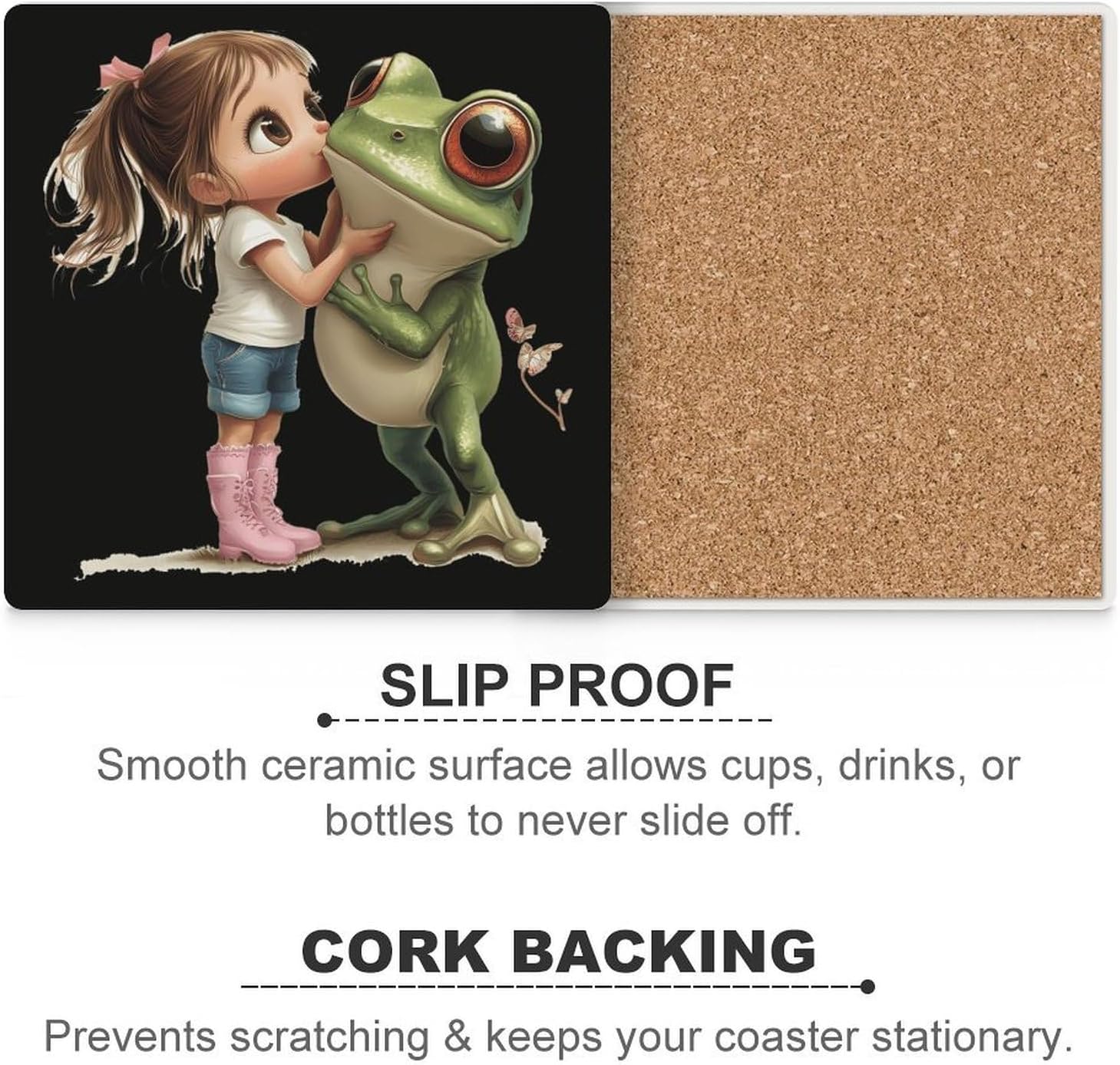 Funny Princess Frogs Ceramic Coasters Set Square Drink Coasters Table Coaster for Kitchen Desktop Decor