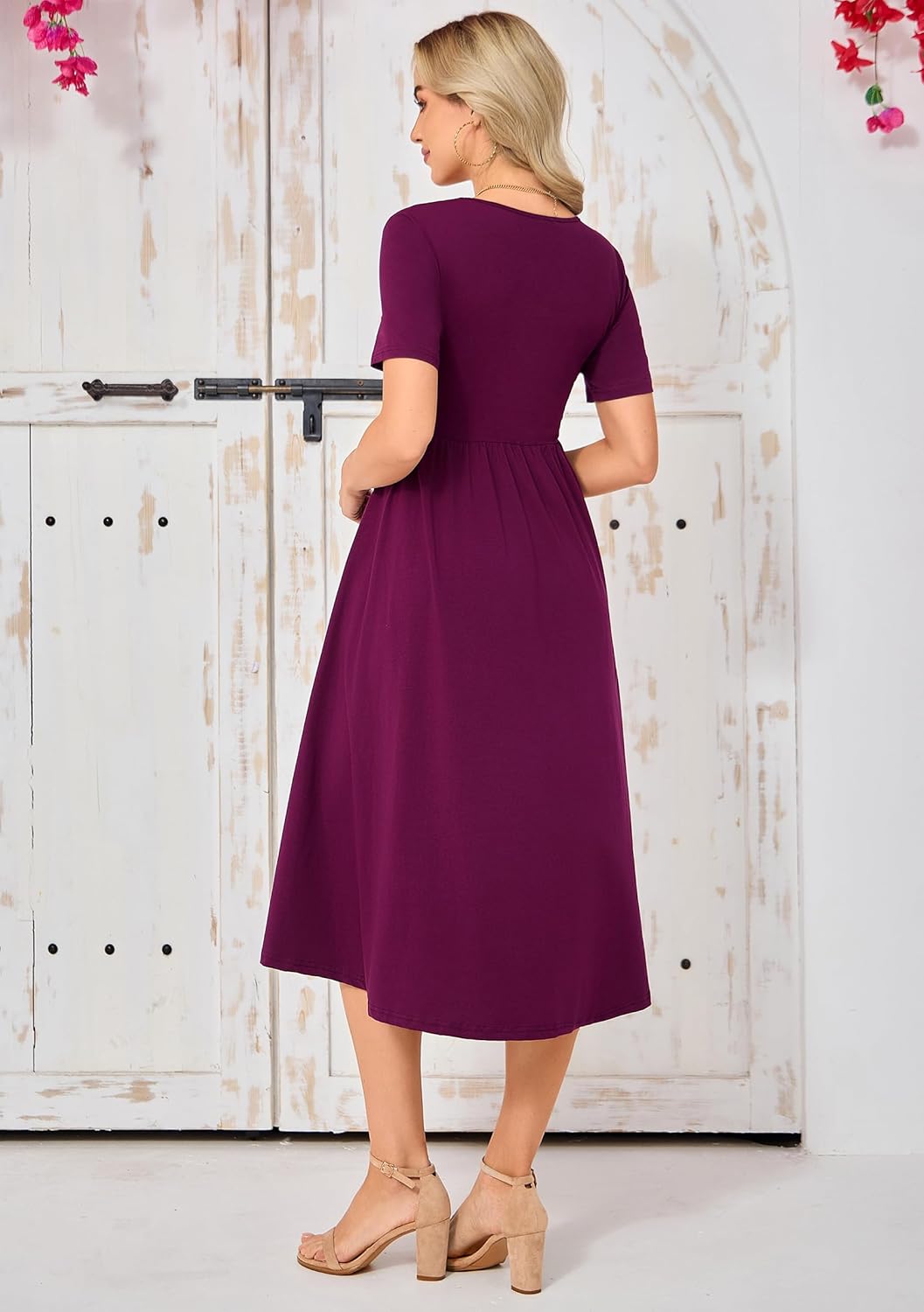 Women's Cotton Nursing Dresses Breastfeeding Midi Breastfeeding Dress with Pockets