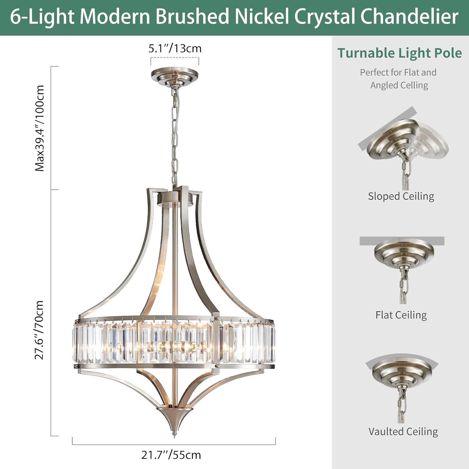 Modern Crystal Chandelier Brushed Nickel, 6-Light Round Pendant Lighting Fixtures, 21.6" Height Adjustable Ceiling Light for Living Room, Kitchen, Dining Room