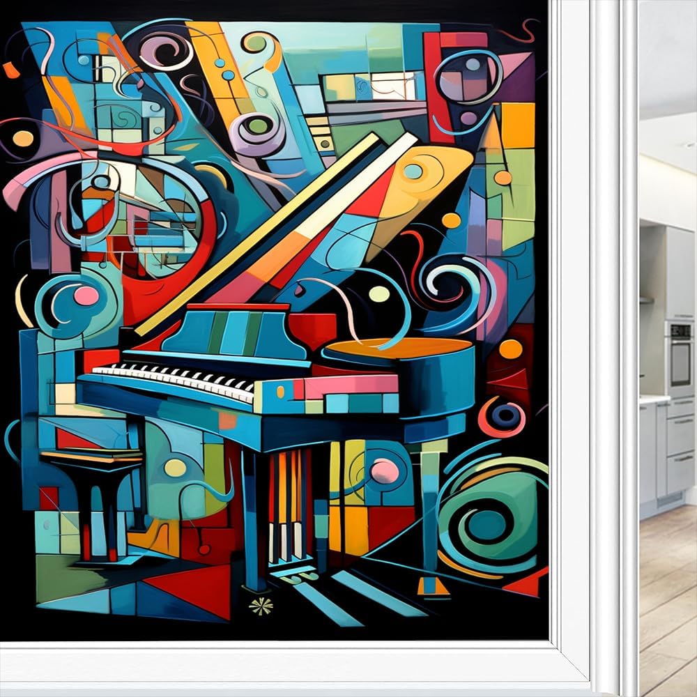 Abstract Music Piano Window Privacy Film Cartoon Musical Instruments Stained Glass Window Film Sun Blocking Heat Control Decorative Window Covering Film for Home Office 35.4Wx55.1L
