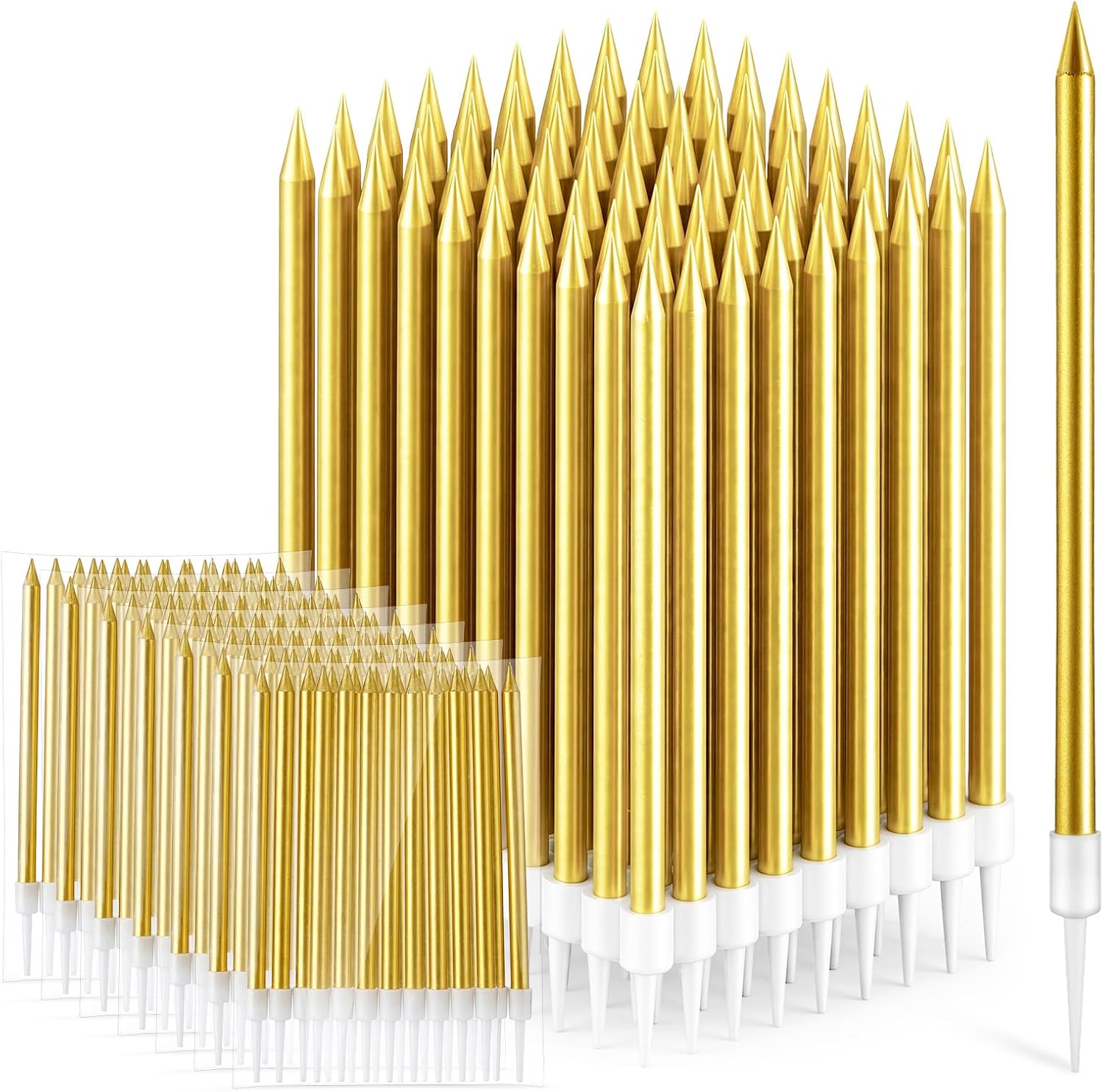 Conelist 600 Count Gold Birthday Cake Candles Bulk 5.51'' Long Thin Cake Candles Champagne Metallic in Holders for Birthday Parties Wedding Decorations Party Decorations