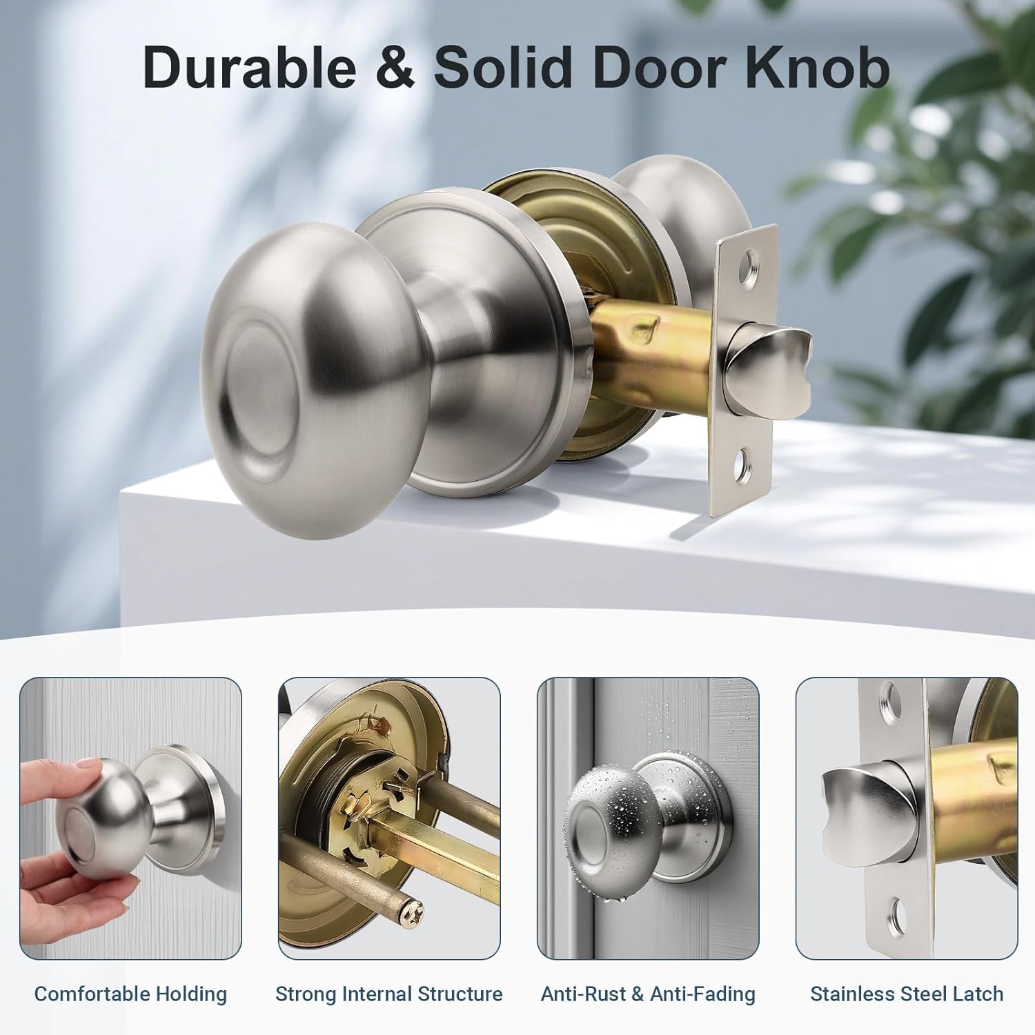 KNOBWELL 1 Pack Brushed Nickel Closet Door Knob with Oval Style Knob, Interior Passage Door Knobs for Hallway, Keyless Non-Locking Indoor Door Knobset