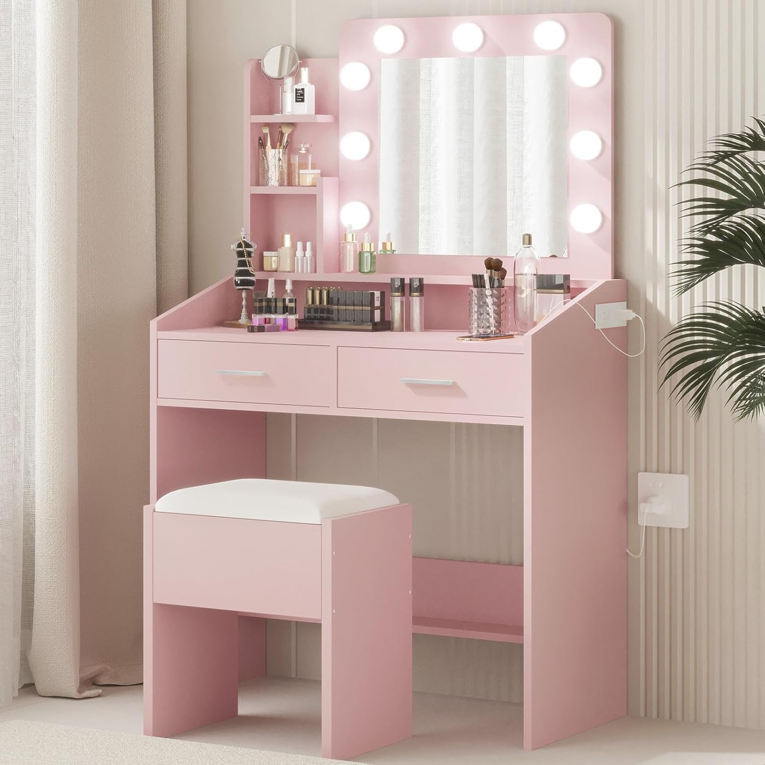 Vanity Desk with Mirror and Lights for Bedroom, Marble White Modern Makeup Table with 2 Drawers, 3 Light Modes & Dimmable LED, Includes Stool