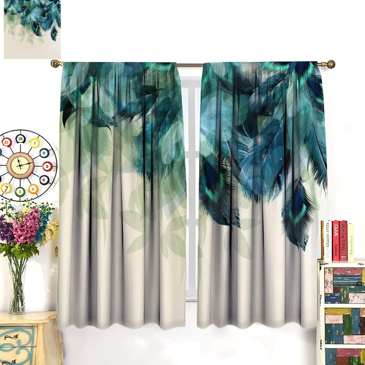Watercolor Peacock Feather Bathroom Window Curtains,Green Watercolor Printed Theme Home Rod Pocket Window Drapes 2 Panels Set for Living Room Kitchen Bedroom Decor W52xL84in