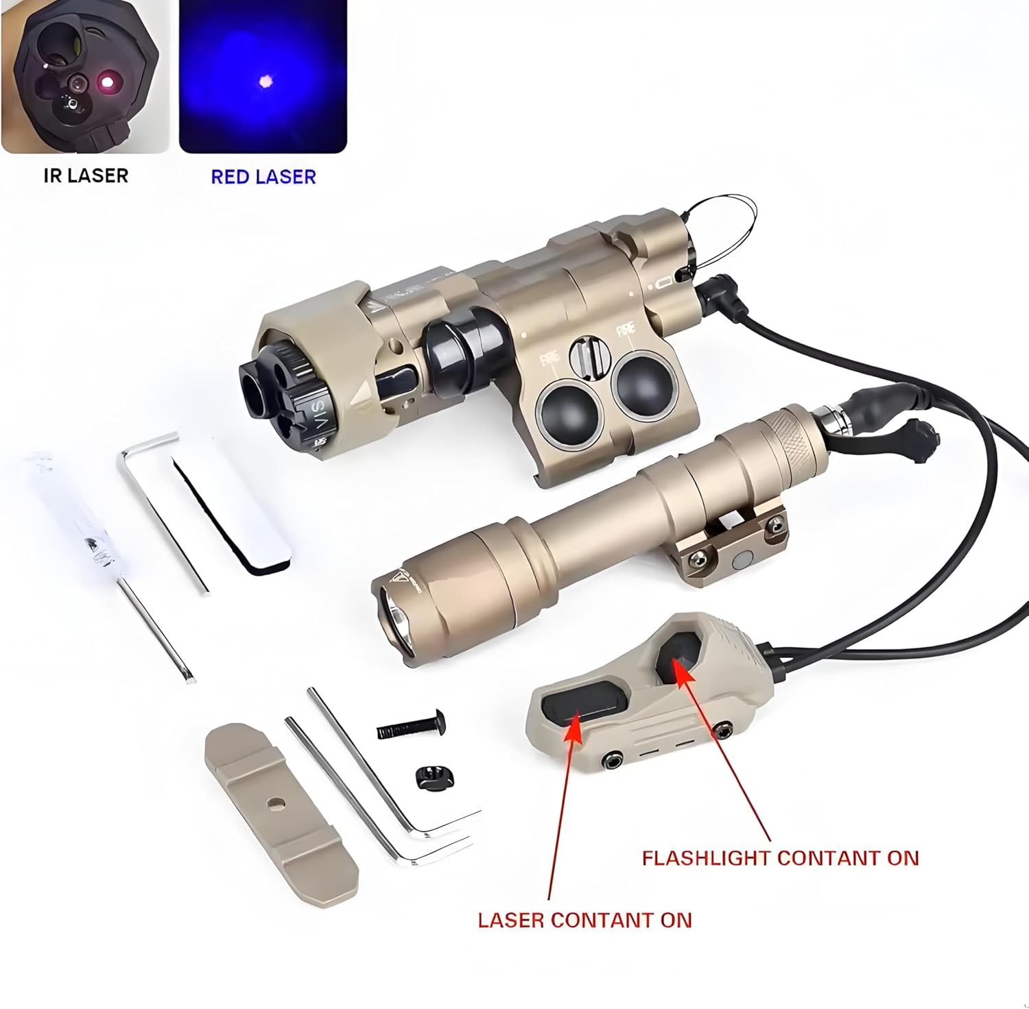 Metal MWL Blue Indicator Powerful Laser Dot IR Indicator Sight with M600C Flashlight & Dual Control Remote Pressure Button Switch Combo，600 Lumen White LED Tactics Scout Torch Light，for 20mm Rail，Tan
