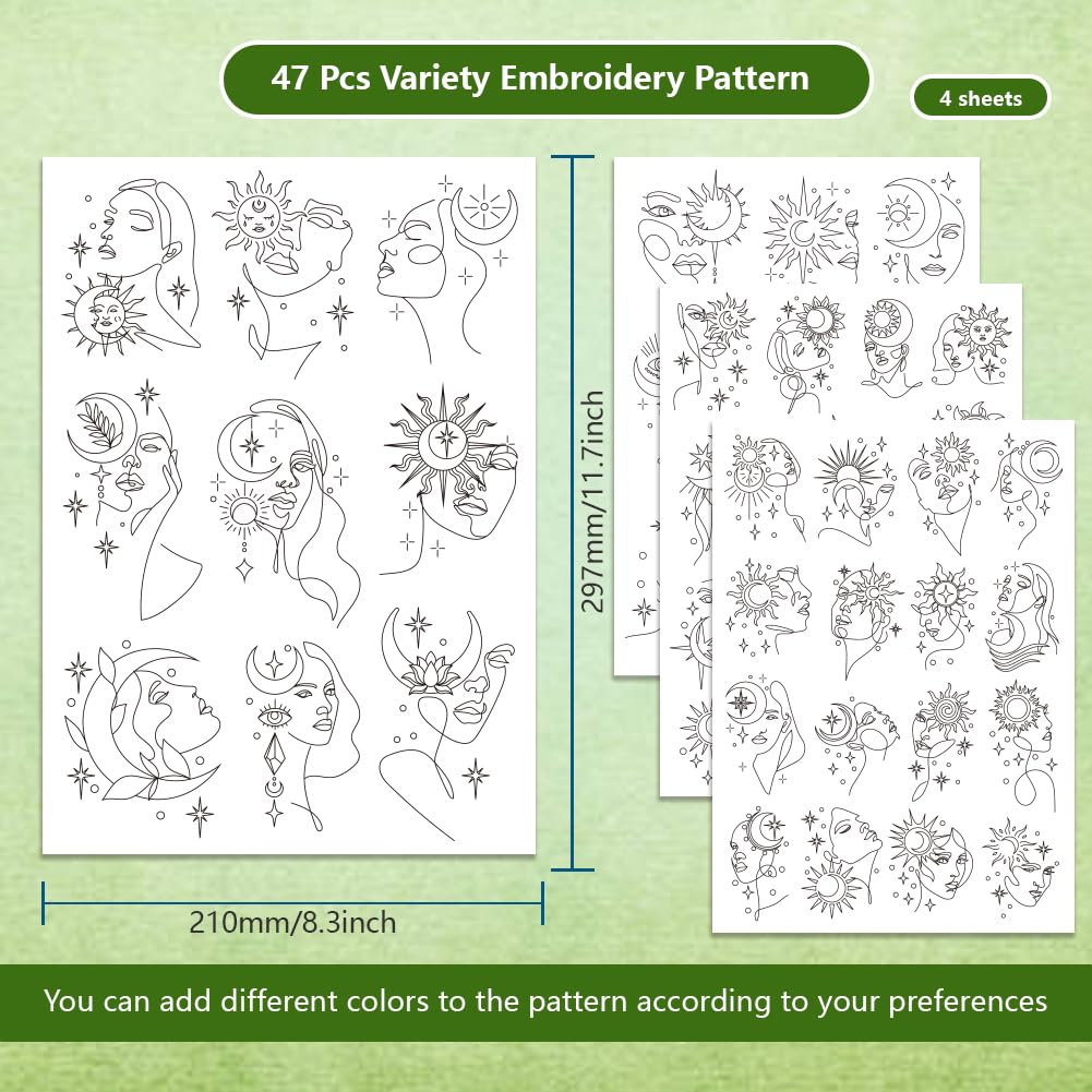 BENECREAT 4 Sheet 47 Pcs Water Soluble Stabilizer Embroidery Pattern, Moon Stars Sun Phase Pattern Hand Sewing Stabilizers, Stick and Stitch Embroidery Paper for Hats Gloves Clothes