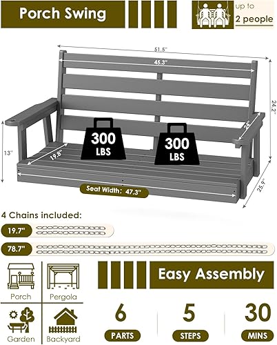 Miniatura 2 de GREENVINES Columpio de porche  51 pulgadas  Plástico HDPE  para patio al aire libre  Todo clima  Columpios de banco impermeables  con 4 cadenas de