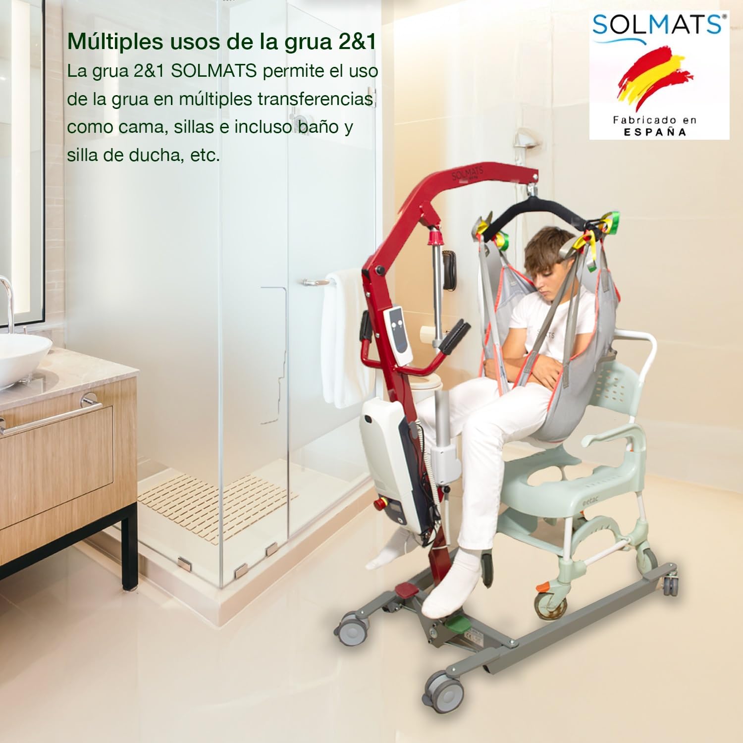 Grúa enfermos, Grúa para personas mayores, Grúa electrica, 150 KG, Solmats Grúa dúo, Grúa dos en uno, Personas Mayores, Dos arneses incluidos, Fabricado en España