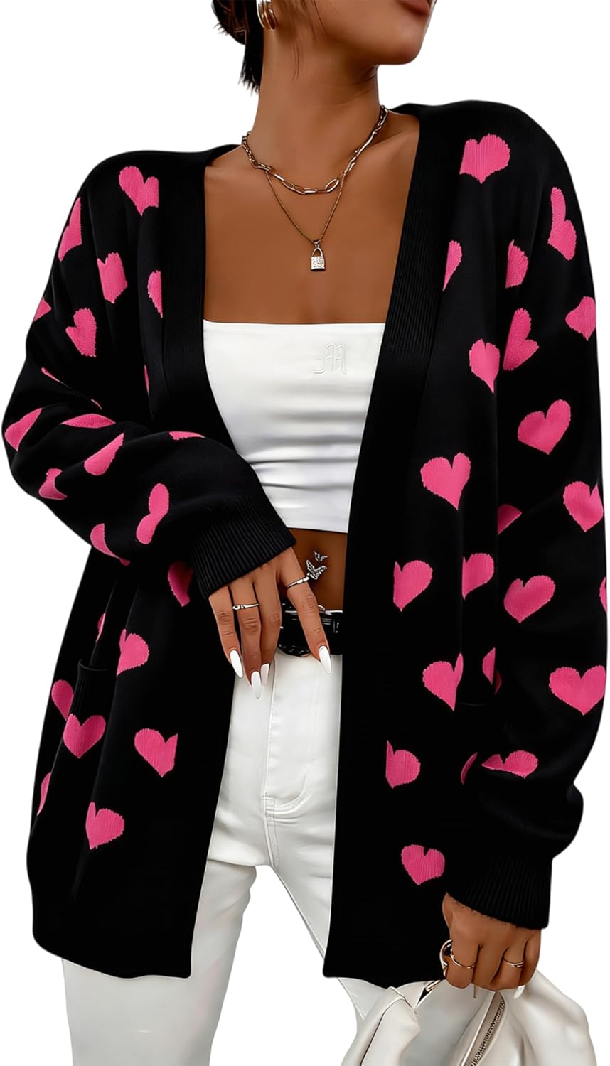 Heart Cardigan Valentines Sweater Women: Valentine Cardigan Love Print Open Front Knit Sweaters Outwear with Pockets