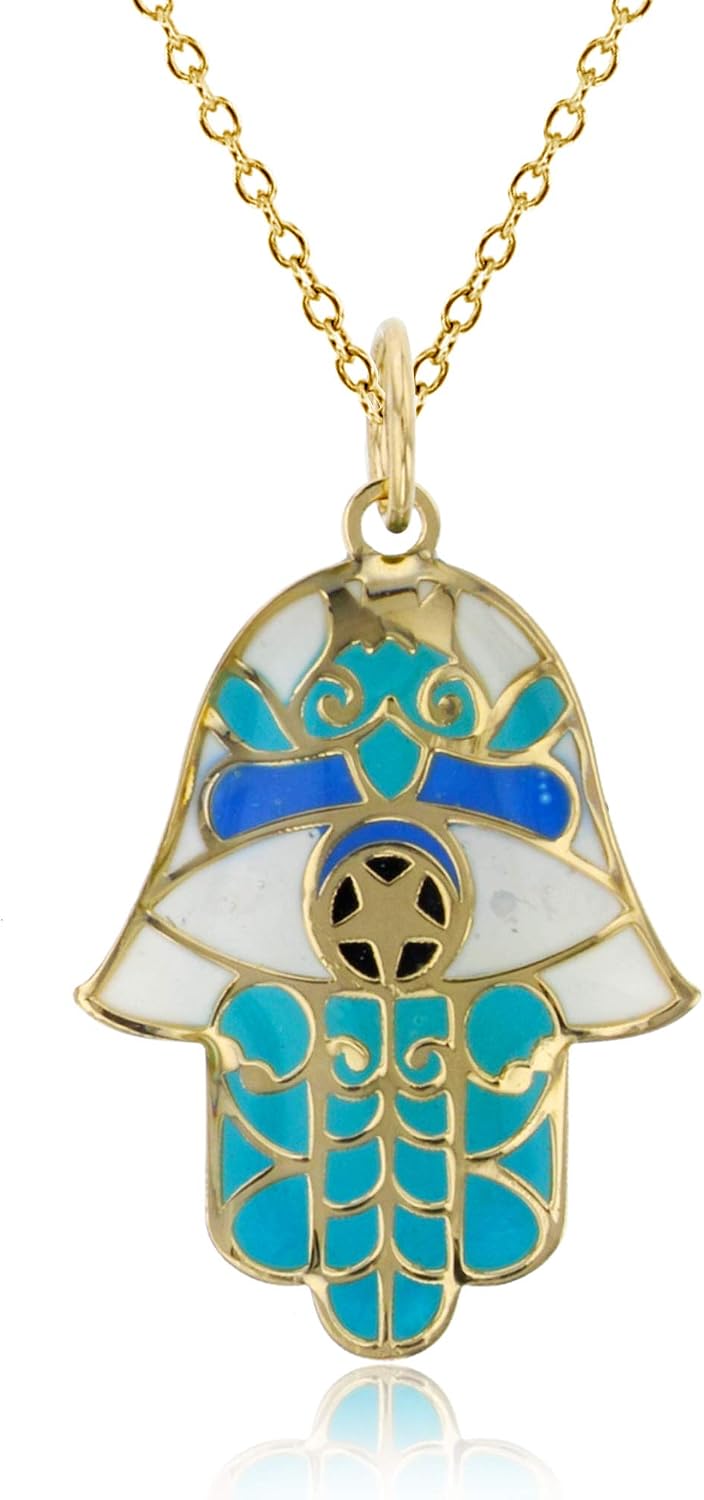DECADENCE 14K Yellow Gold Solid Enamel Star Hamsa Necklace For Women With a 14K Gold 18" Cable Chain