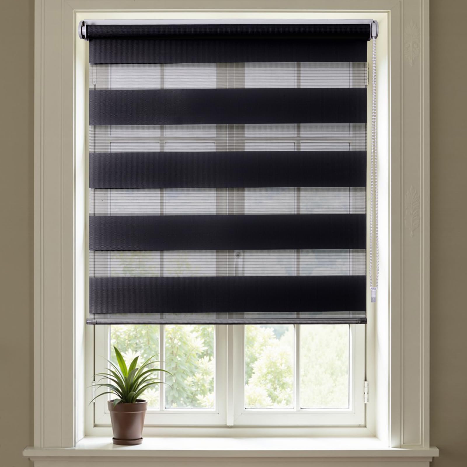 Day and Night Blinds No Drill Zebra Blinds for Windows Stick on No Drilling Easy Fit Roller Blind for Bedroom Kitchen Bathroom Door Window (1, Black, 75W x 160H cm)