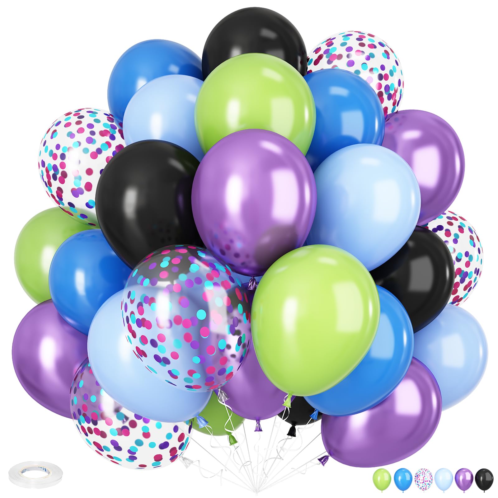 Green Purple and Blue Balloons, 12 Inch Purple Green and Black Balloons Purple Black and Metallic Purple Blue Confetti Balloon for Boys Girls Theme