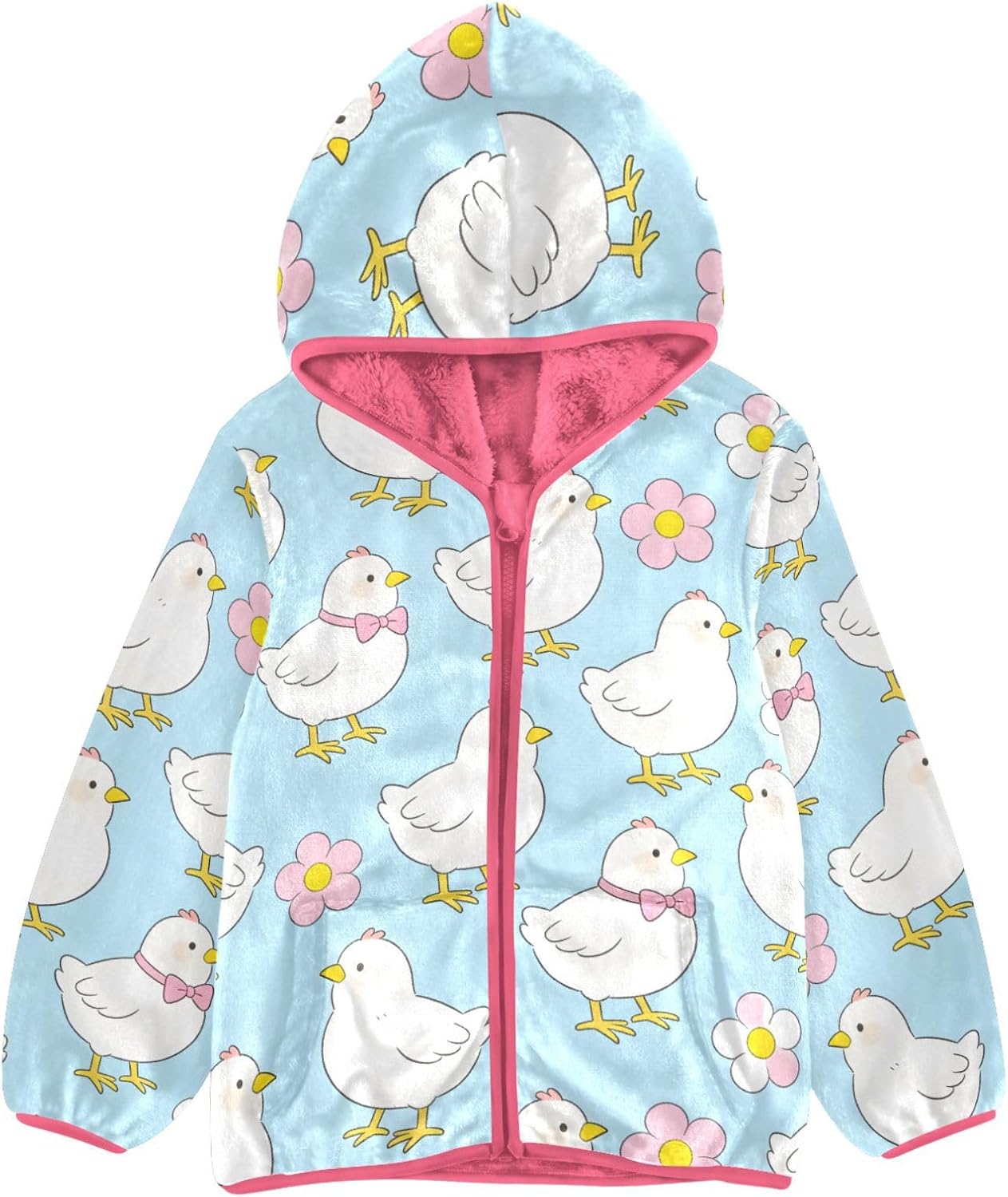 Girls Hoodie Outfit Chicken Pink Bow Flower Pattern Zipper Sweatshirt Coat Fleece Jacket for Kids 3-10T
