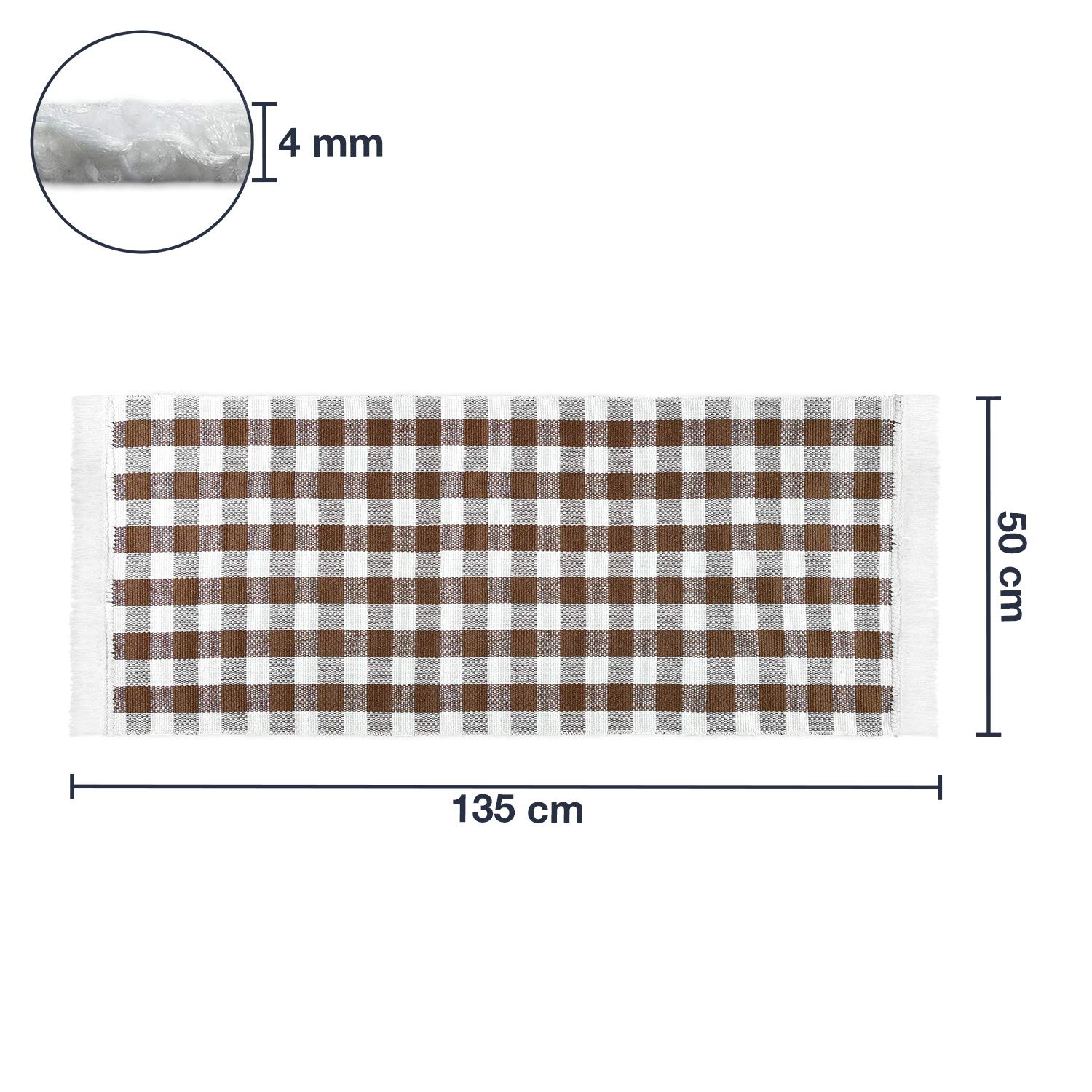 WohnDirect Alfombra de Cocina a Cuadros 50 x 135 cm marrón para la Cocina, el Pasillo, la Sala de Estar • Corredor de Cocina Lavable a máquina • Alfombra Hecha de 100% algodón con Flecos juguetones