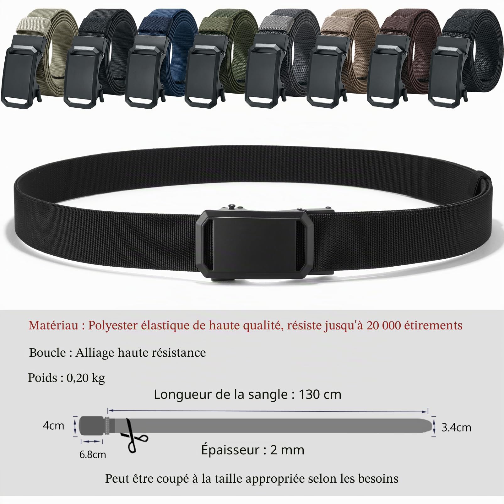 LionVII Ceinture élastique à cliquet avec boucle automatique, réglable et extensible, ceinture de travail pour homme, 130 cm