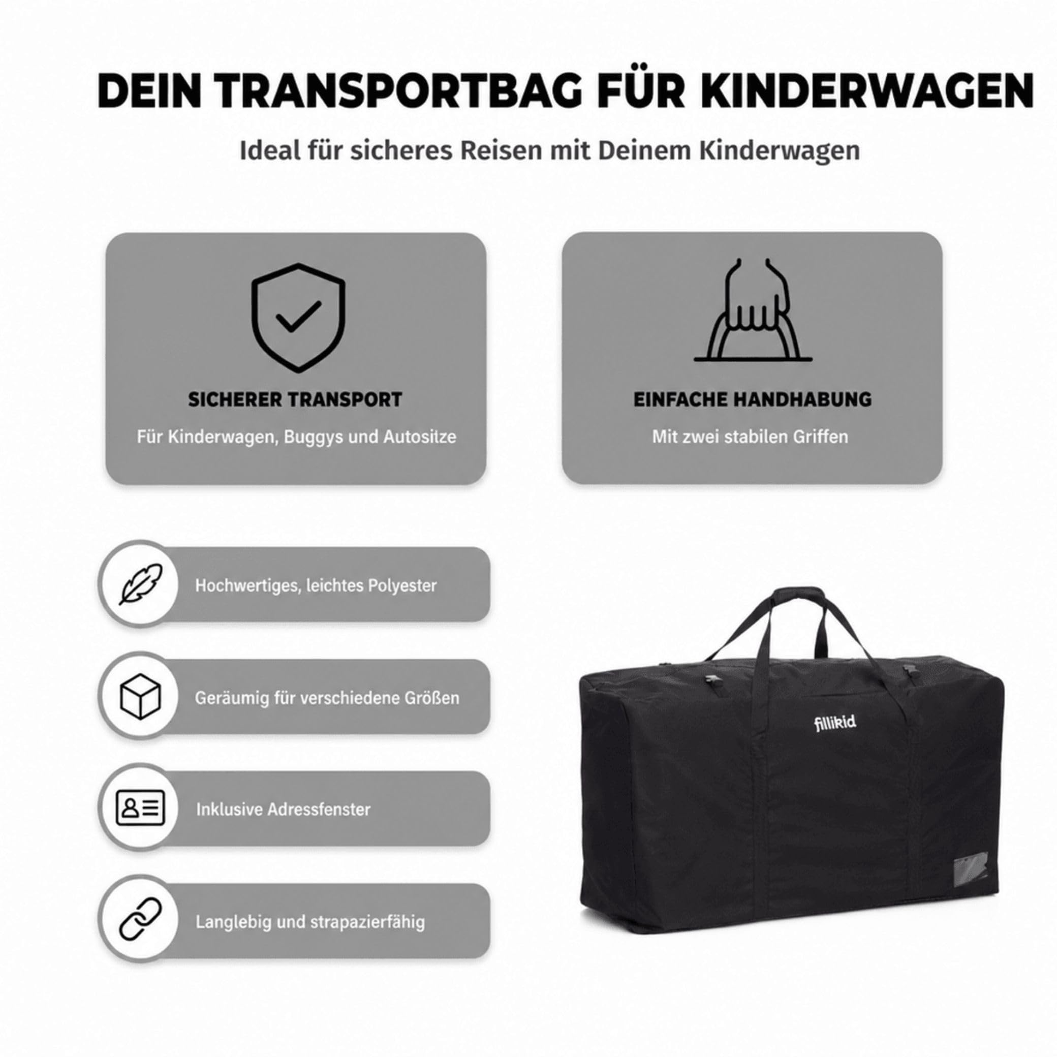 Fillikid Transporttasche für Kinderwagen, Buggys & Autositze mit Riemen und Adressfenster für Joie Mytrax Litetrax