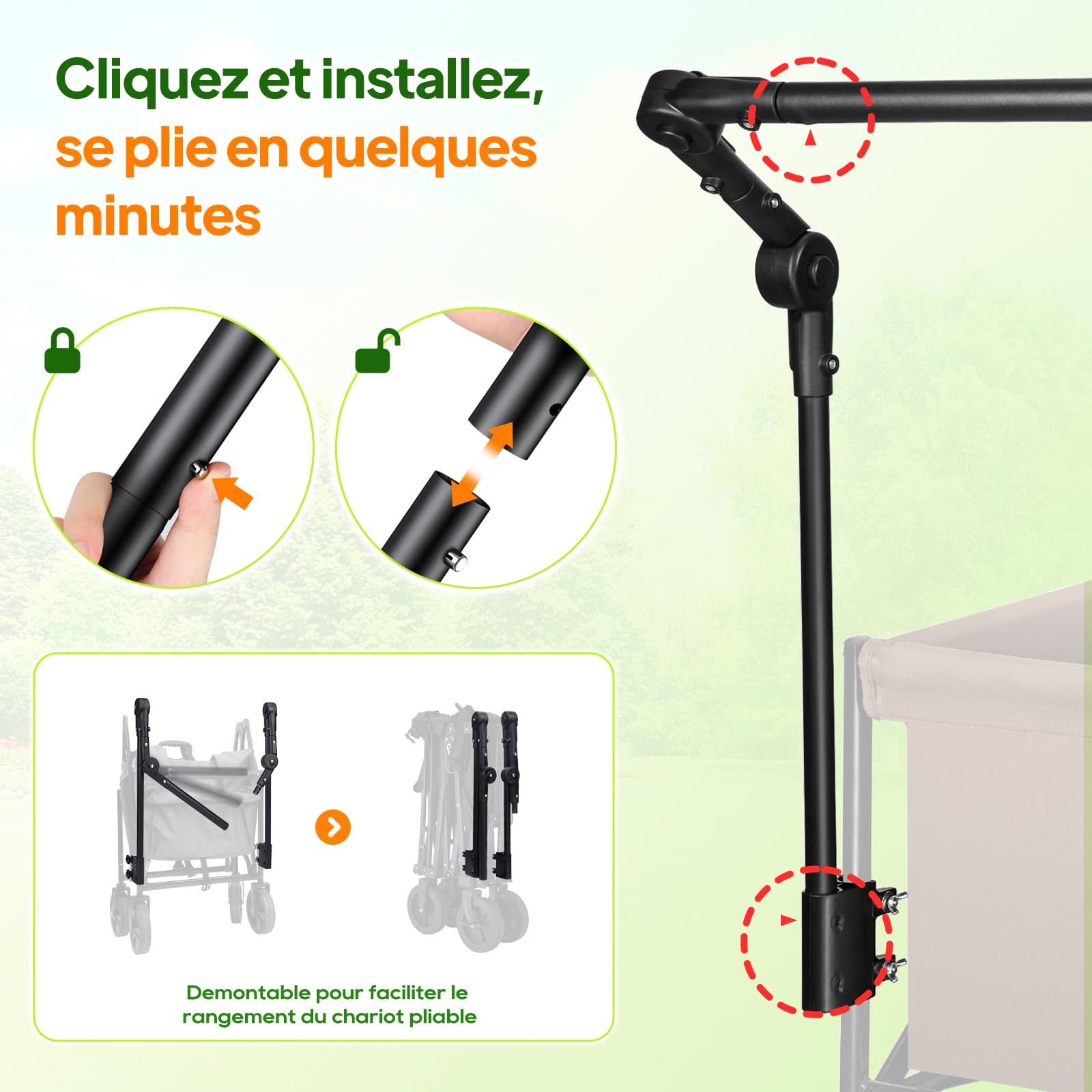 Poignée réglable et Pliable pour Chariot Rond/carré, avec Bandes Scratch | Accessoire de remplacement réglable et pliable pour poussette-chariot, adapté au camping, aux poussettes et à la plage