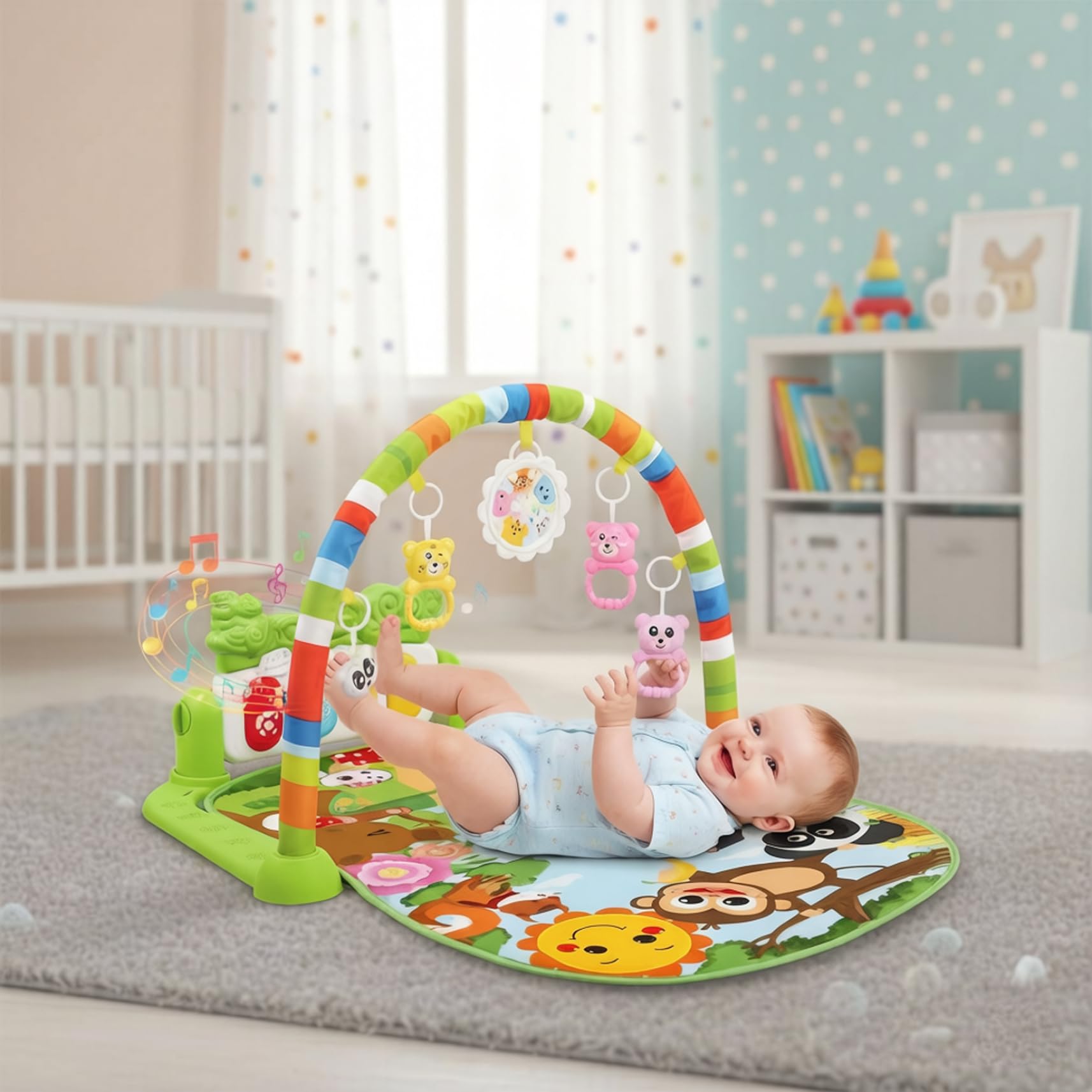 Tapete para jugar boca abajo para bebé y tapete para piano para bebé, actividad temática verde con teclas de piano de delfines para bebés de 0 a 12 meses