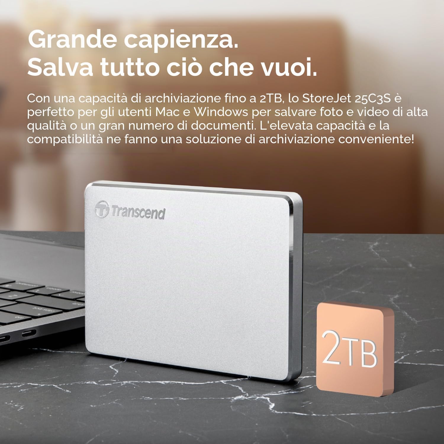 Transcend Disco rigido portatile da 2 TB USB Type-C 3.1 Gen 1 StoreJet argento - TS2TSJ25C3S