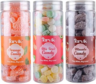 Tarvik Orange , Mix Fruit , Masala Candy Combo Pack Tangy & Sweet Flavoured Candy Mix for Kids & Adults Ideal for Gifting, Parties, Travel, Office & Daily Refreshment (Orange Candy 200g, Mix Fruit Candy 250 g &Masala Candy 200g)