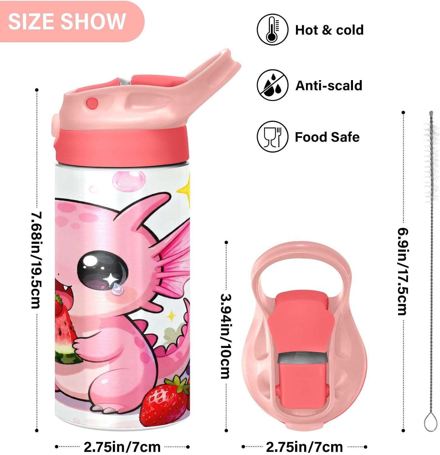 Axolotl Eat Fruits Cartoon Insulated Water Bottle with Straw Handle for Kids 12 OZ Cute Kawaii Stainless Steel Vacuum Insulated Cup for Hot and Cold Drinks Travel Tumbler for Toddler Girls image 2