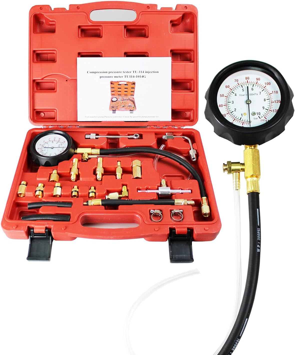 HFS (R Fuel Injection Pump Pressure Tester Gauge Kit, Car Gasoline Gas Fuel Oil Injector Test Manometer Tool Set 0-140PSI, Universal for Auto Truck SUV Motorcycle ATV RV