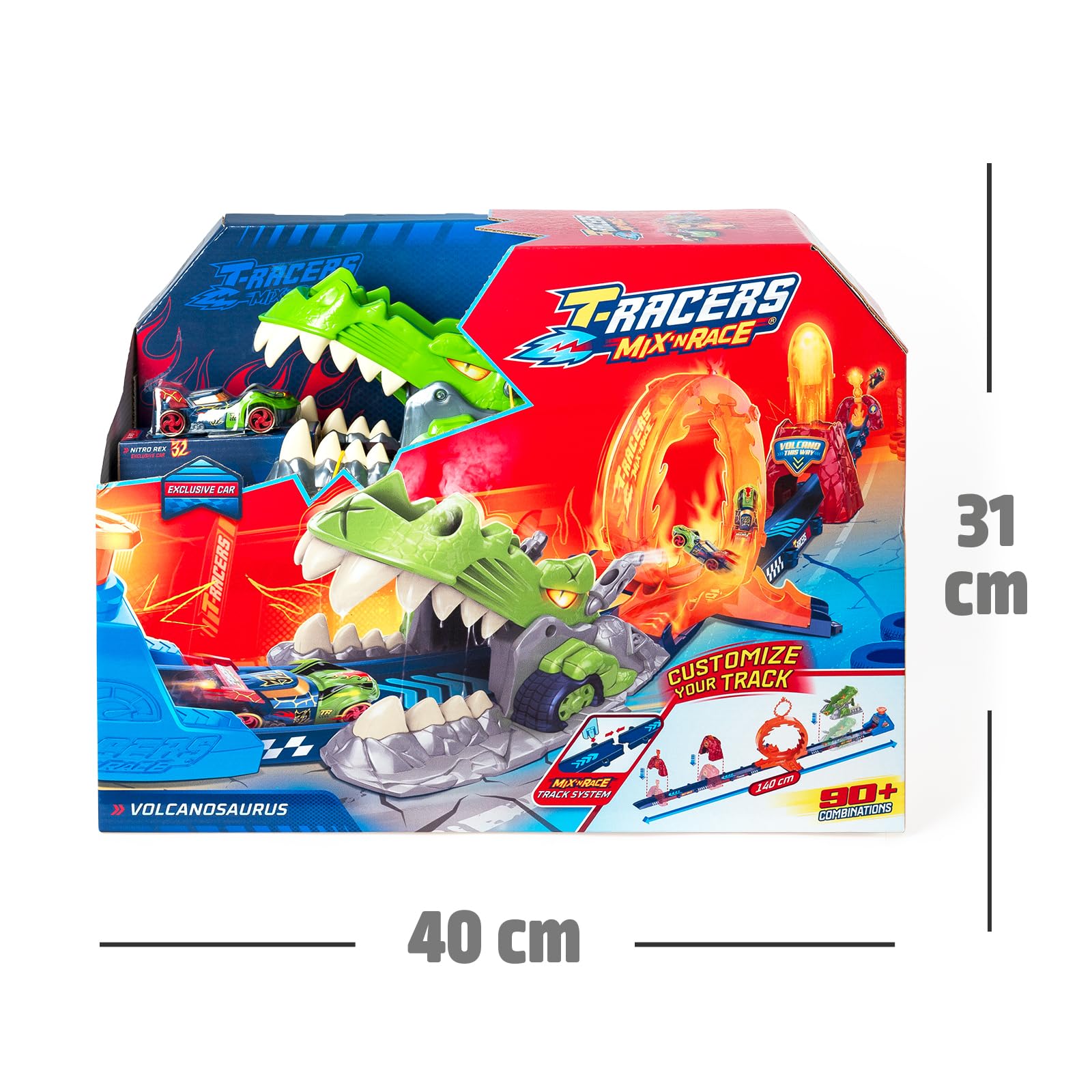 T-Racers Mix ‘N Race Volcanosaurus Pista para Coches de Juguete T-Racers, Contiene 1 Disparador, 3 Pistas, 1 Coche Exclusivo Nitro Rex y 4 Acrobacias