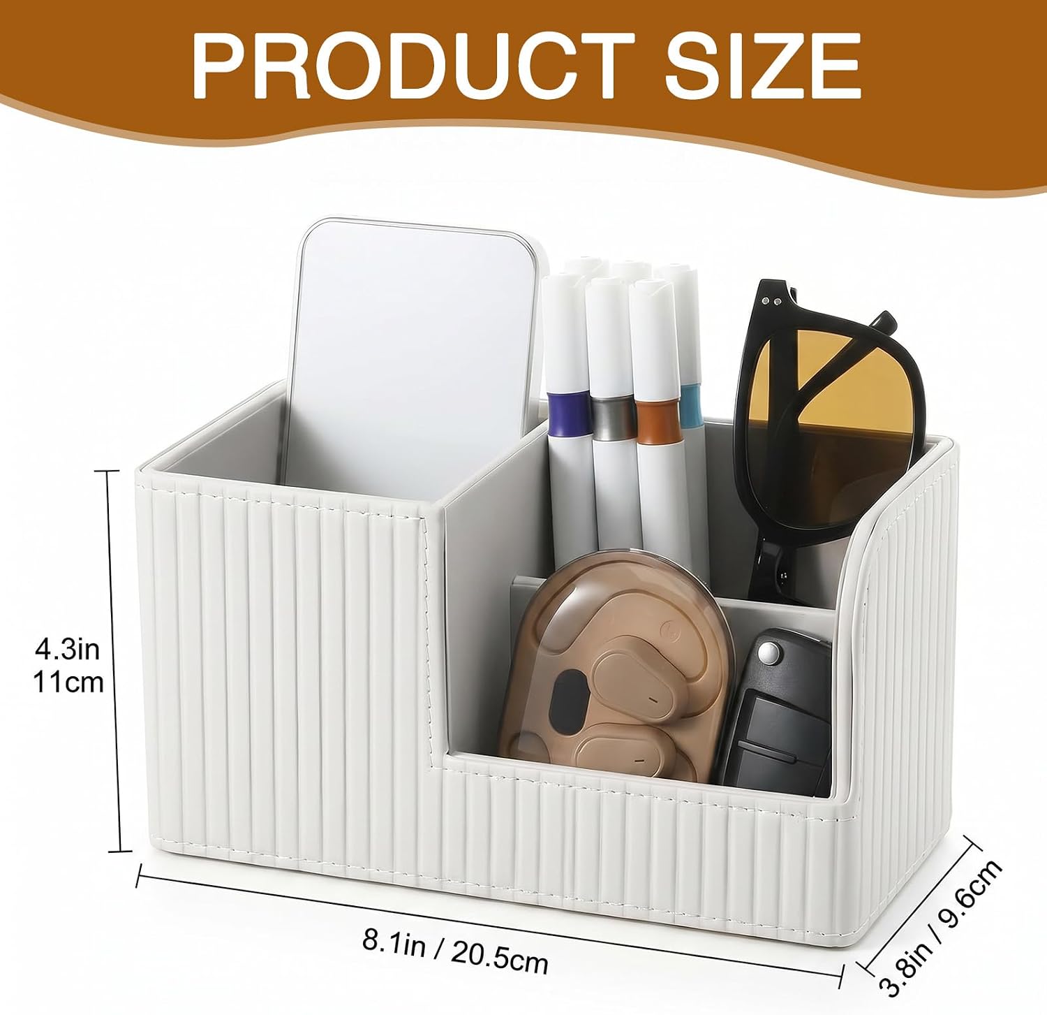 Desk Pen Organizer, PU Leather Desk Organizer with White Stripe, Small Desks Organizers for Office Supplies, Pen Holder for Desks, Pencil Holder, Night Stand Organizers, 8.26"L x 3.93"W x 4.3"H image 2