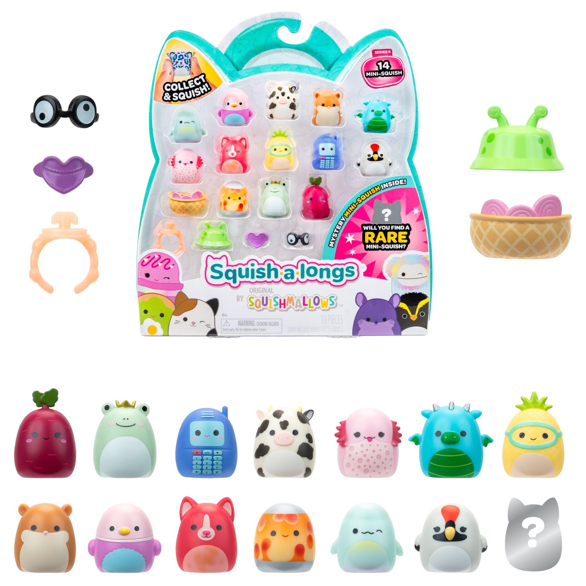 Squish-a-longs Mini-Squish 14-Pack (Wave 6, Style 1) includes Mini-Squish styles like Barika the Pink Bearded Dragon, Basmina the Beluga Whale, Gilly the Red Corgi