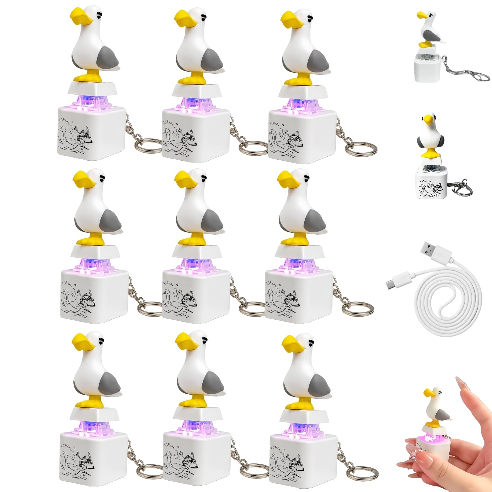Seagull Mine Sound Button Keychain, Mine Seagull Keyring, Rechargeable Fidget Clicker with Real Sound and LED Light, Funny Interactive Desk Stress Relief Fidget Toy Gifts for Adults，9pcs