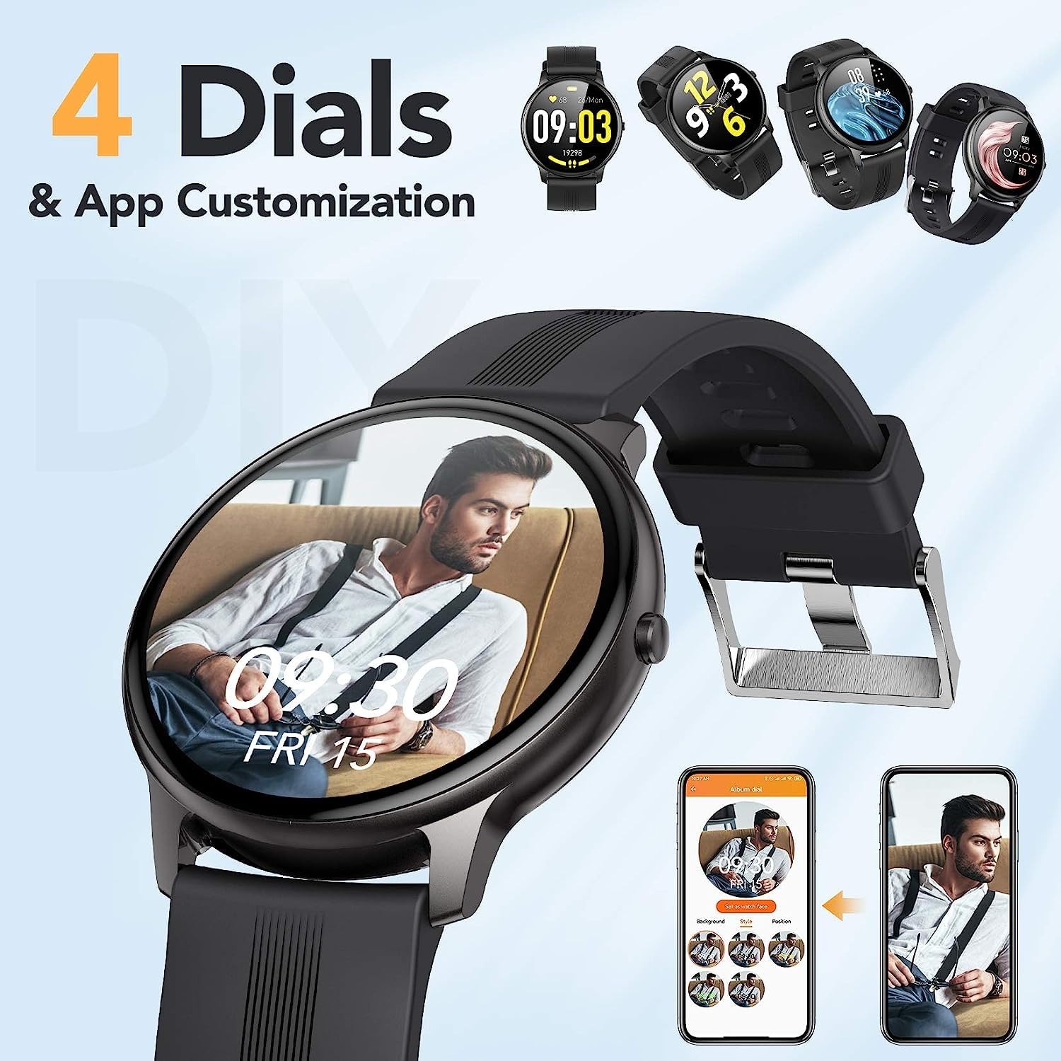 AGPTEK Smartwatch, 1,3 Zoll runde Armbanduhr mit personalisiertem Bildschirm, Musiksteuerung, Herzfrequenz, Schrittzähler, Kalorien, usw. IP68 Wasserdicht Fitness Tracker für iOS und Android, Schwarz