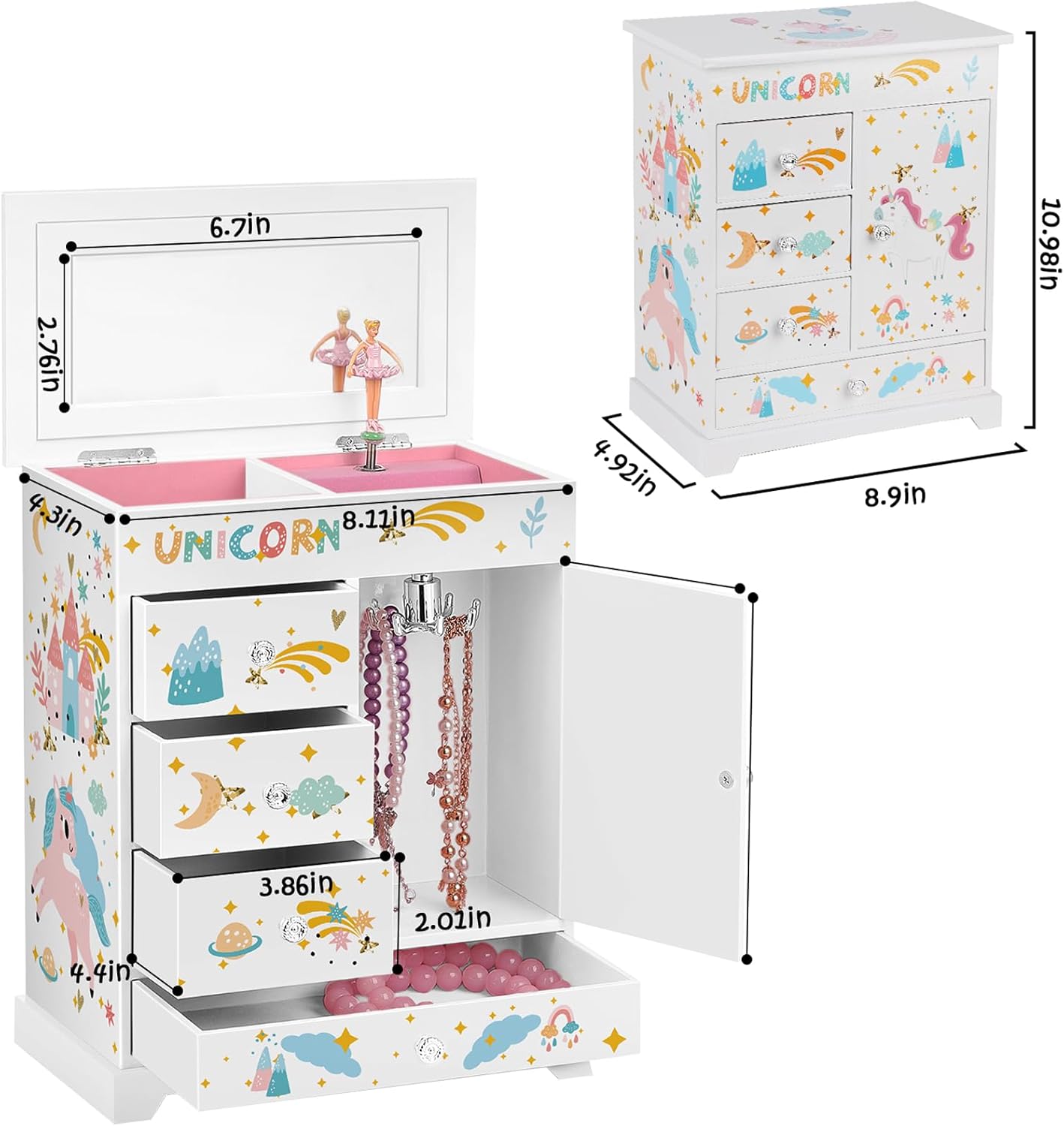 Large Jewelry Box for Girls 5-Layer Music Box with Swing Door Spinning Ballerina Unicorn Necklace & Bracelet Set Children Jewelry Organizer for Girls Kids Birthday Christmas Gift White