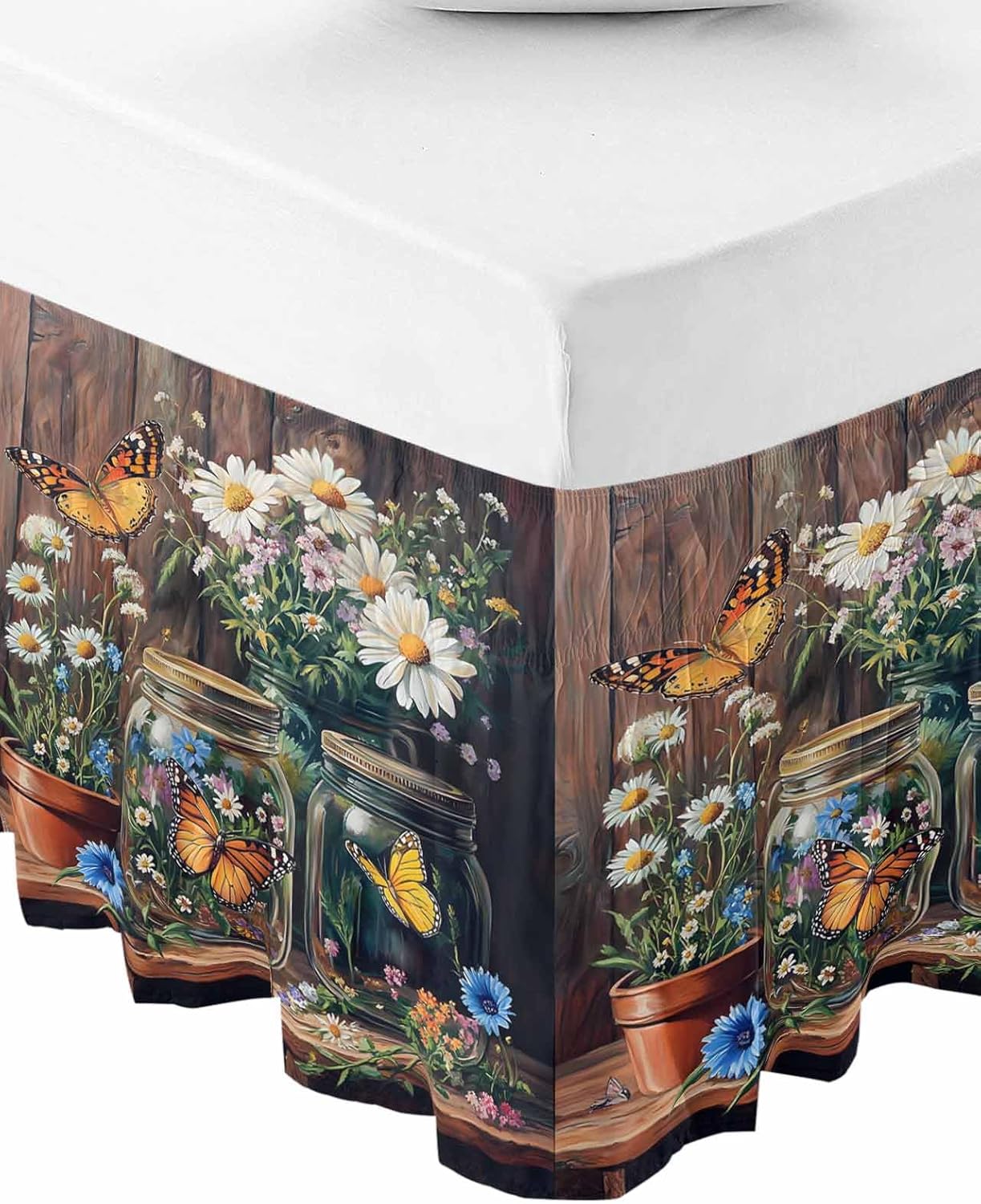 Butterfly Floral Bed Skirt King Size 16 Inch Drop, Adjustable Elastic Bedskirt Dust Ruffle for King Size Bed, Country Daisy Wildflower Brown Barn Door Wrap Around Bed Skirts Bed Frame Cover