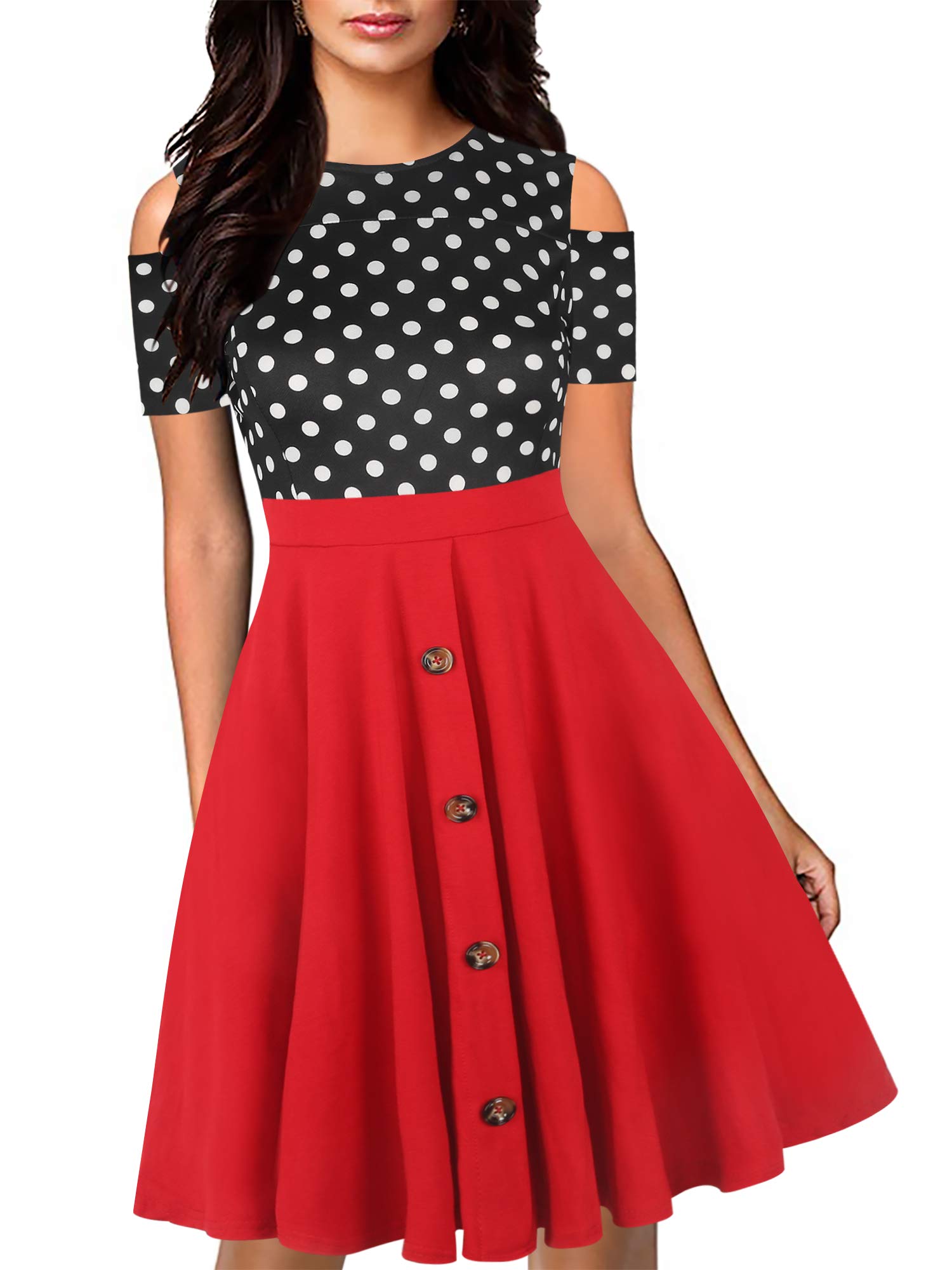 oxiuly Women's Chic Off Shoulder Floral Flare Patchwork Party Cocktail Casual Pockets Swing Dress OX266