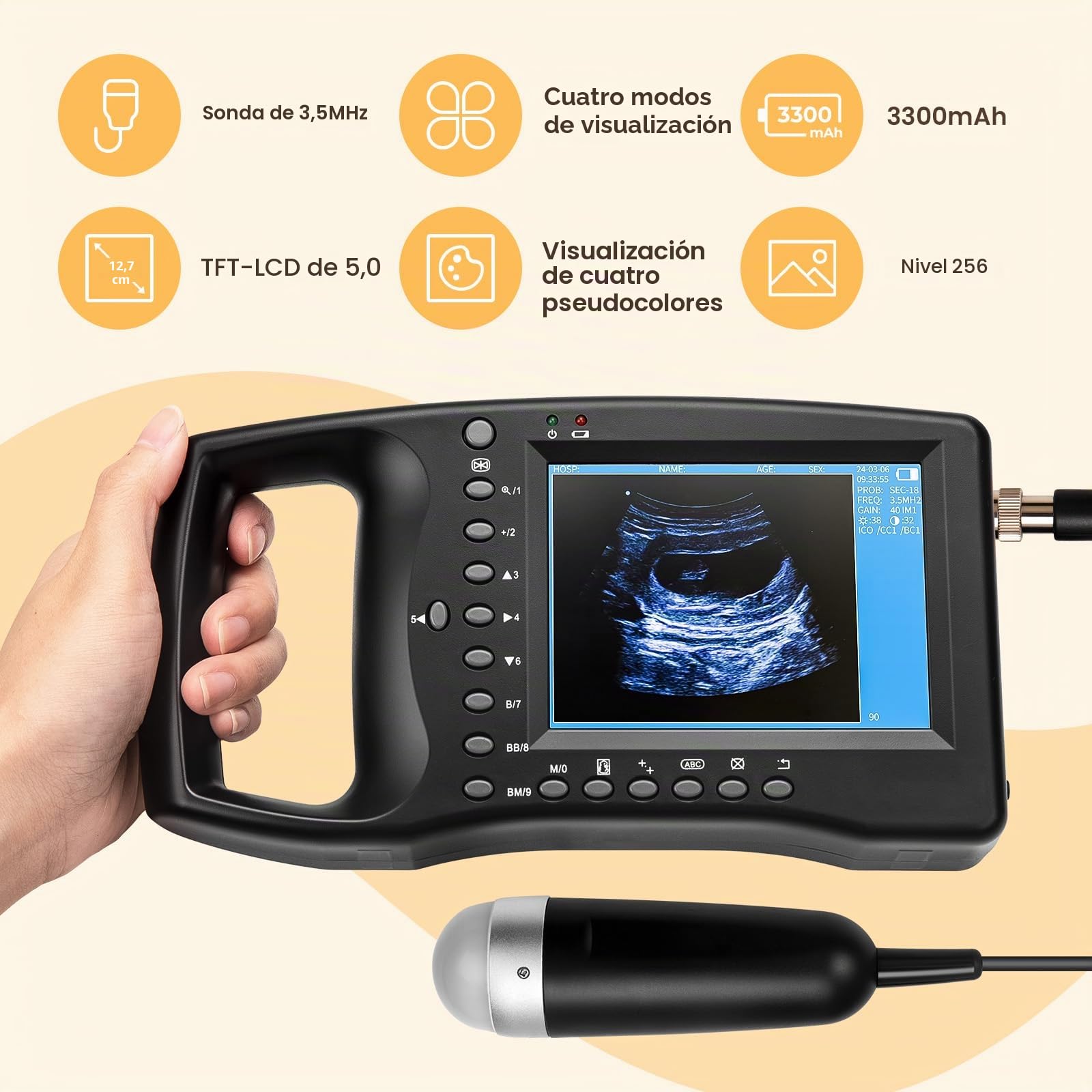 GOYOJO Escáner de Ultrasonido Veterinario, Veterinario Portátil B-Ultra Máquina de Escáner con 3,5 MHz Sonda Mecánica 8 Campos de Color para Las Ovejas, Perros, Gatos y para la Prueba de Embarazo