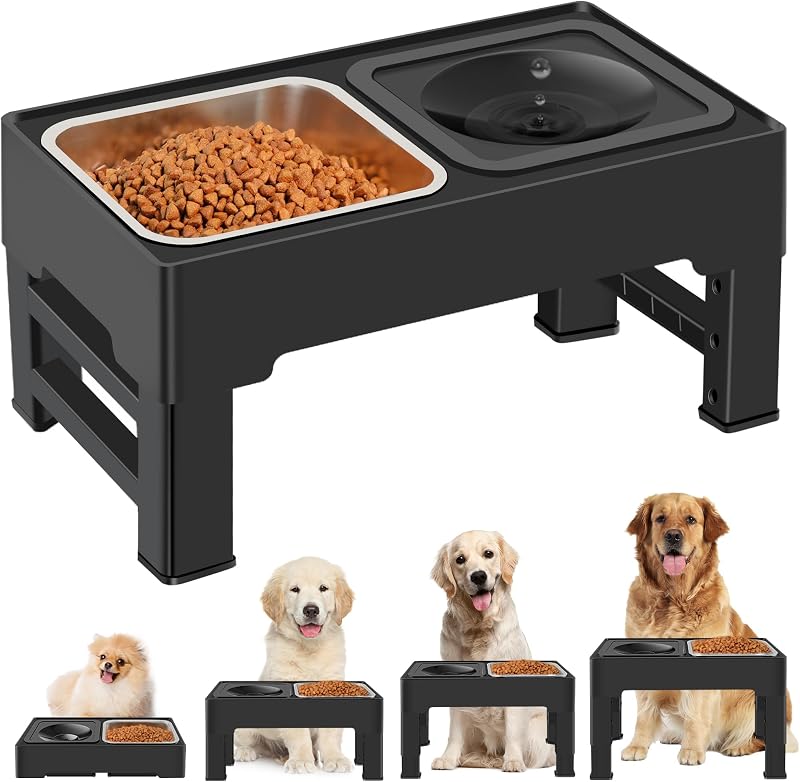 Comedouro elevado 2 em 1 para cães com tigela de aço inoxidável e altura ajustável ikuso SSEB61