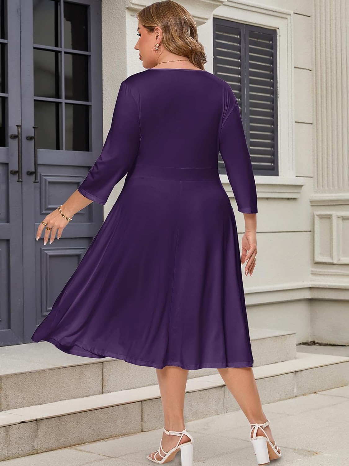 Plus Size Dress for Women - 3/4 Sleeve A-Line V-Neck Swing Flowy Casual Midi Dresses with Pockets - Image 4