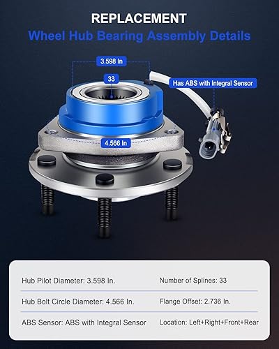 Miniatura 5 de ECCPP 513121 Buje de rodamiento de rueda delantera y conjunto de rodamientos delanterotrasero 5 lengüetas con ABS para Buick Cadillac Chevy Pontiac